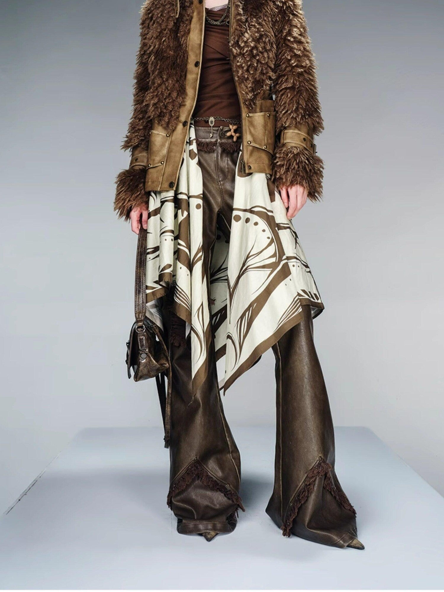 NORTH NODE Cropped Faux Leather Patch Fuzzy Crystal Velvet Lined Women&