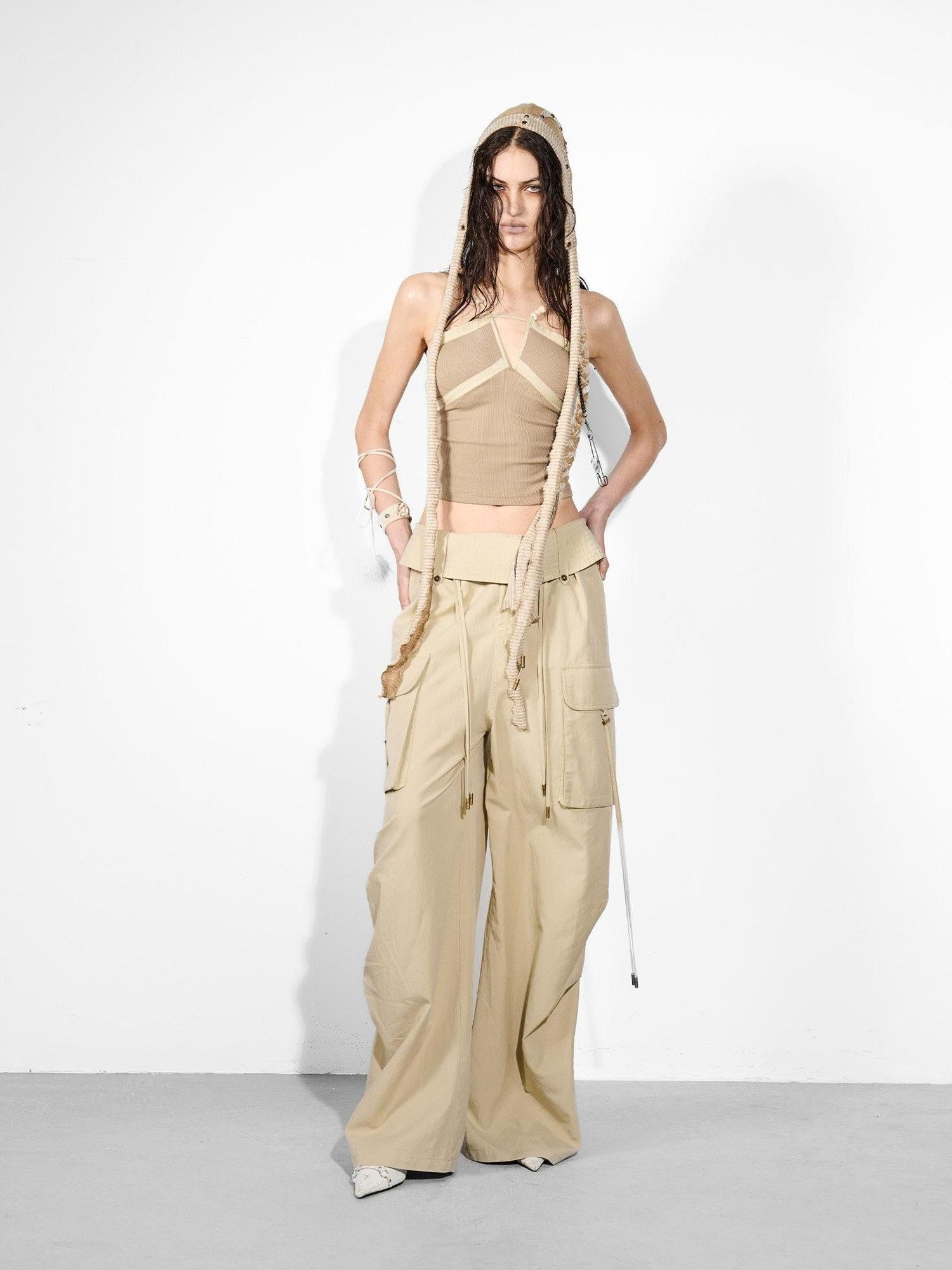 NORTH NODE Cropped Slim Fit Patchwork Cutout Beaded Women&