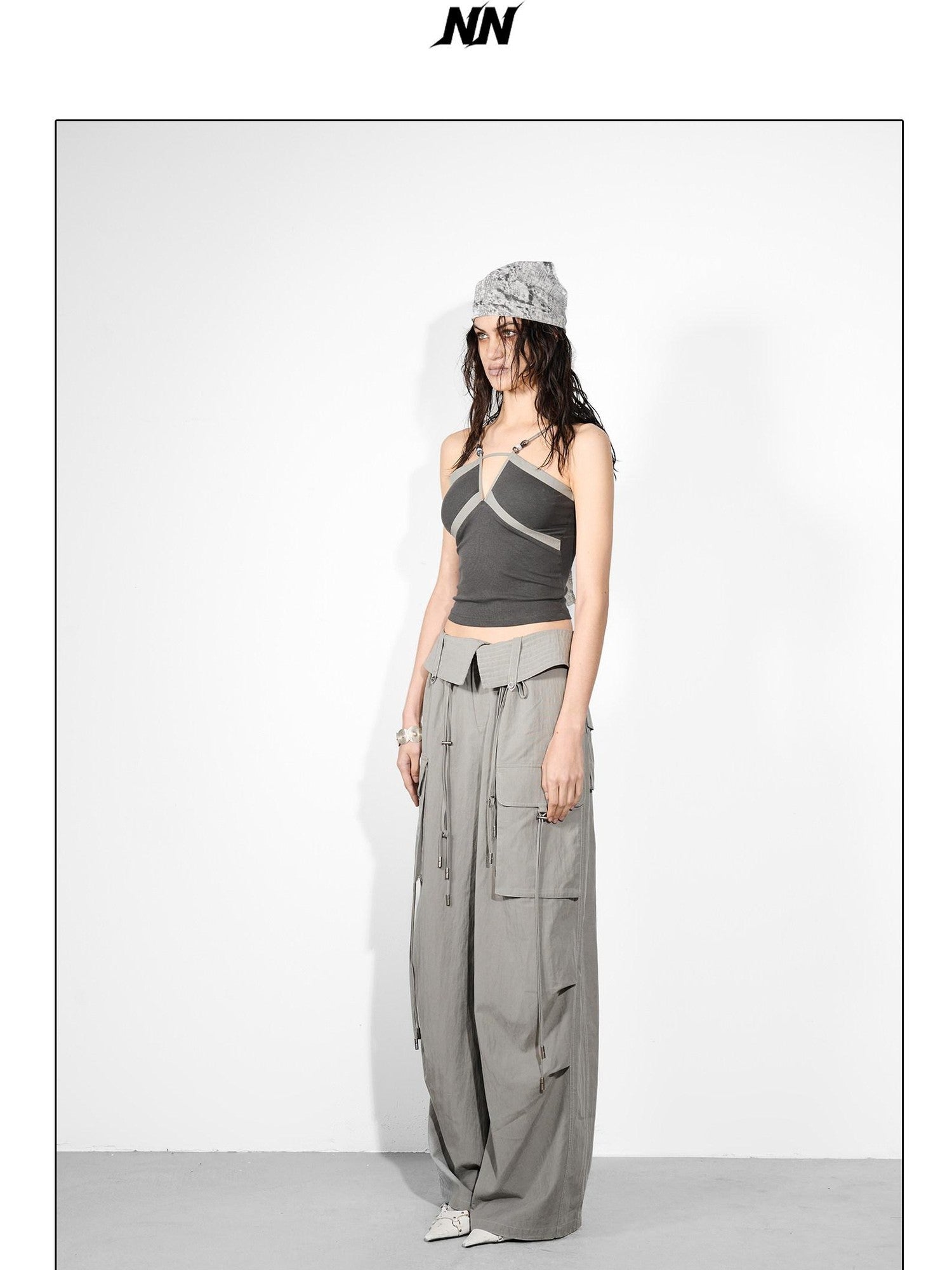 NORTH NODE Cropped Slim Fit Patchwork Cutout Beaded Women&