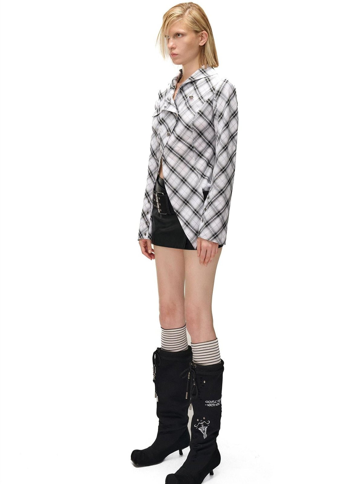NORTH NODE Deconstructed Asymmetric Checkered Slim Fit Cotton Women&