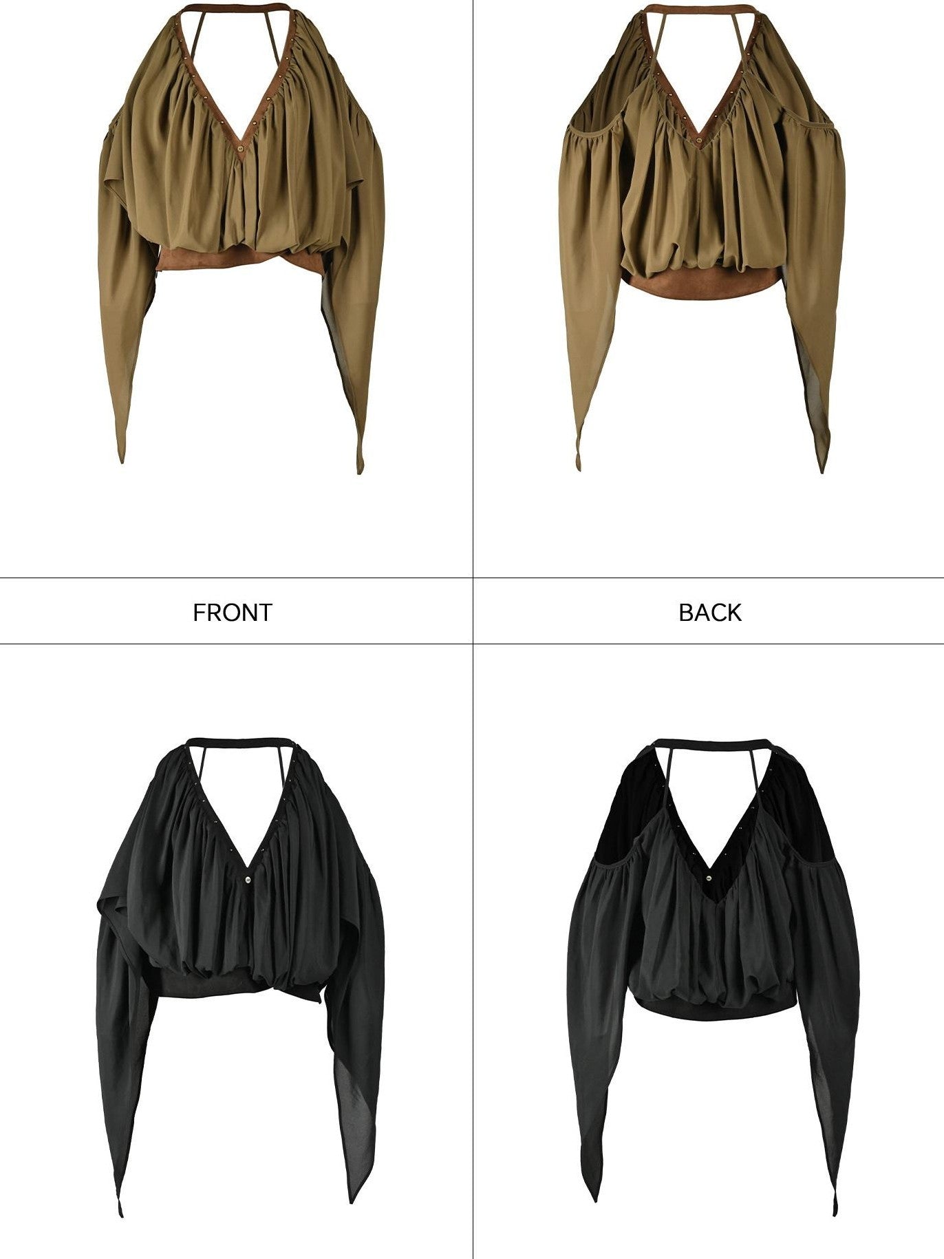NORTH NODE Deep V-neck Studded Splice Cold Shoulder Ruffle Trim Women&