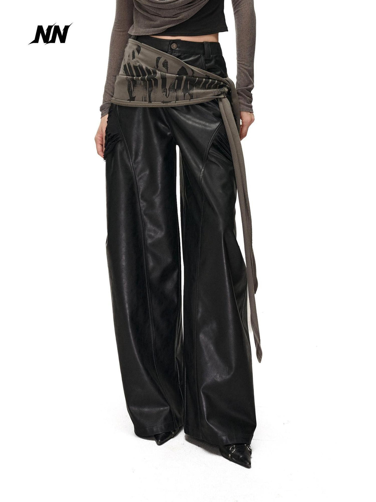 NORTH NODE Detachable Printed Distressed Wide Leg Pu Women&