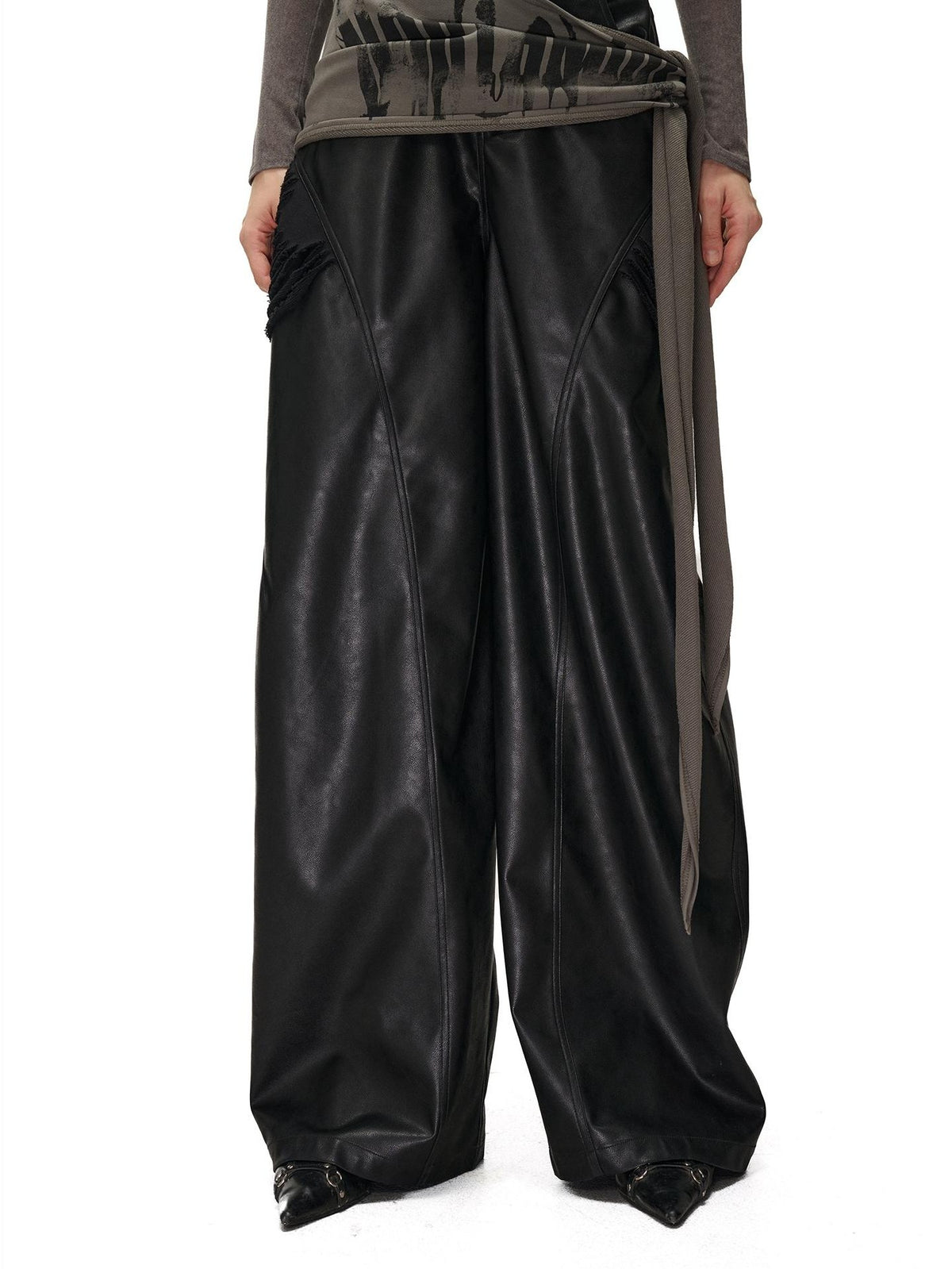 NORTH NODE Detachable Printed Distressed Wide Leg Pu Women&