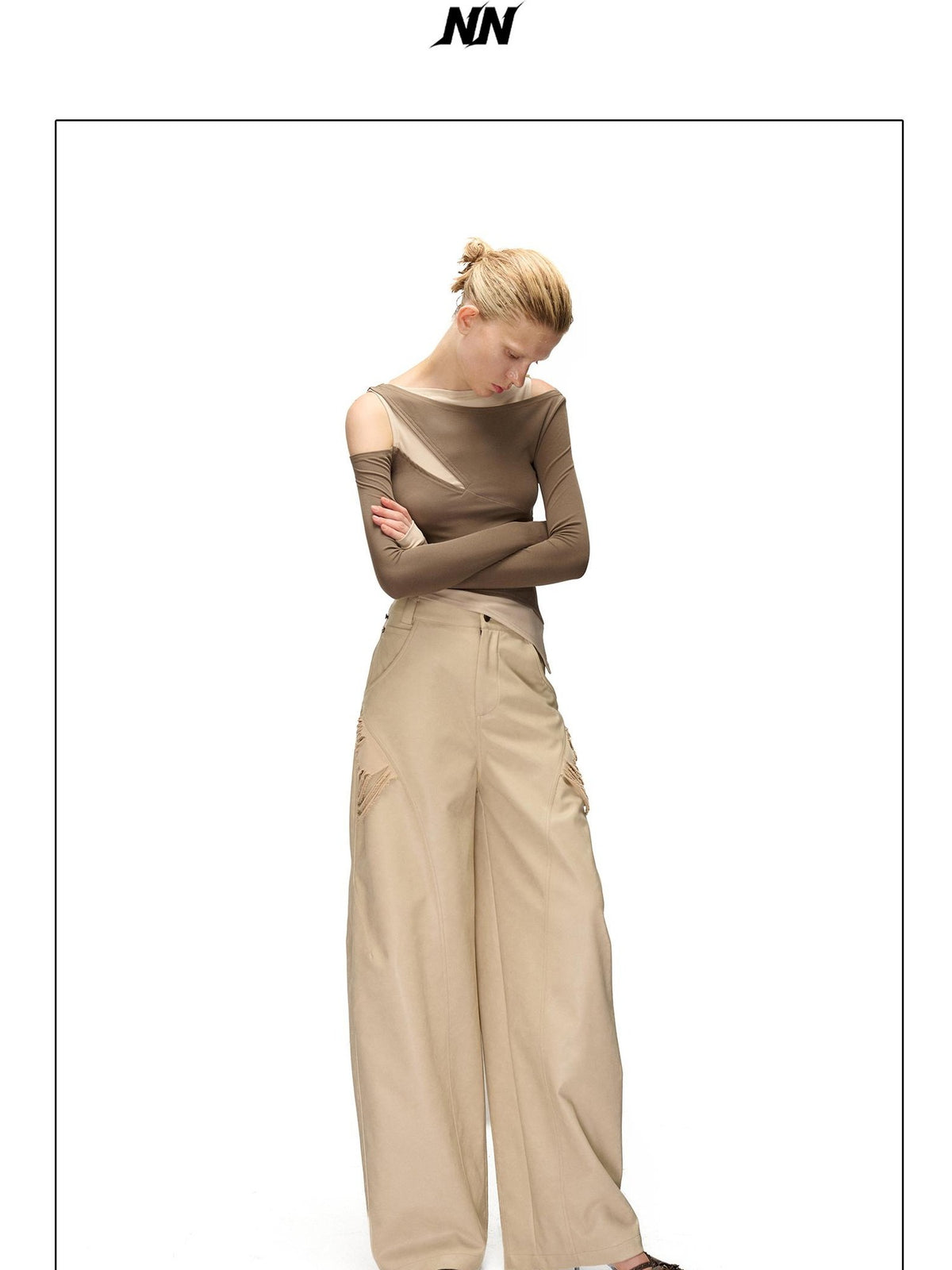 NORTH NODE Detachable Printed Distressed Wide Leg Pu Women&