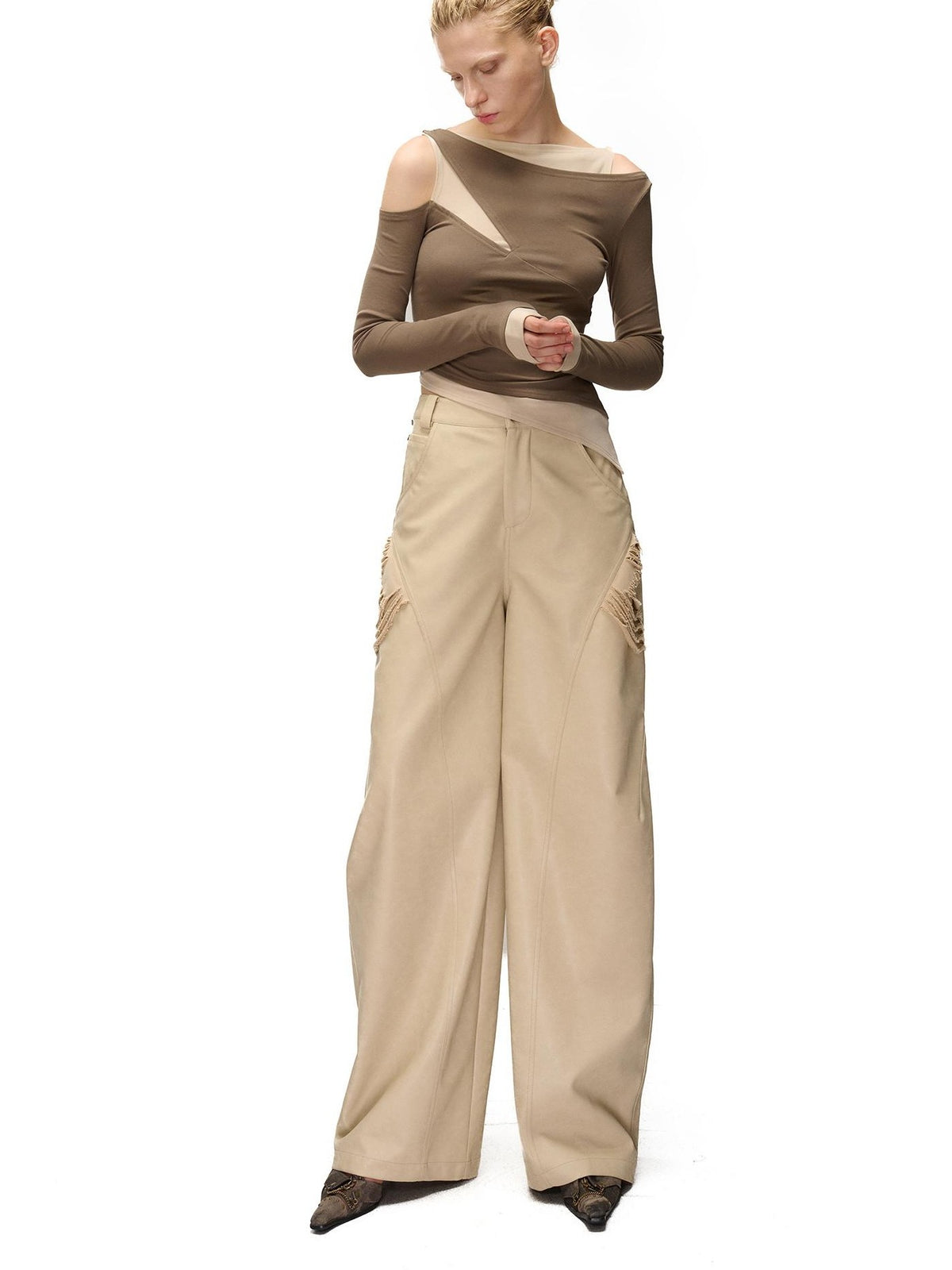 NORTH NODE Detachable Printed Distressed Wide Leg Pu Women&