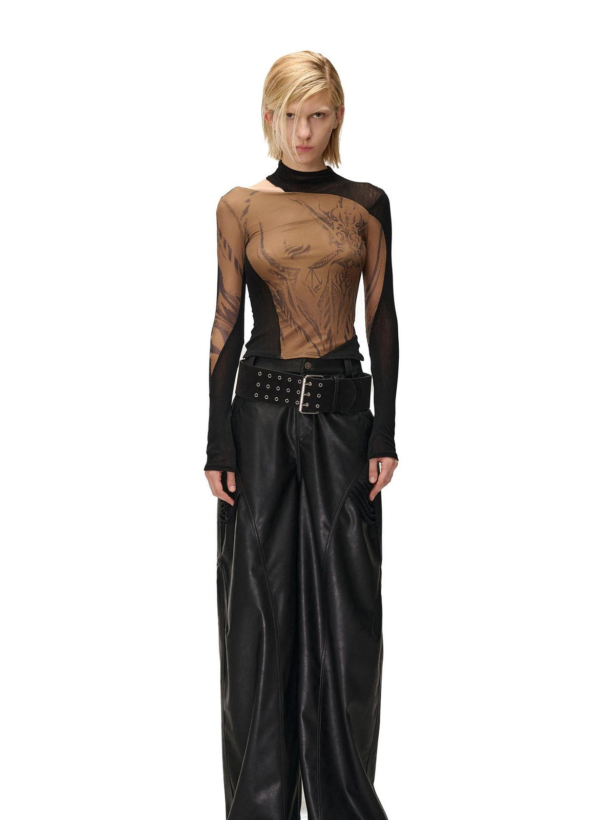 NORTH NODE Detachable Printed Distressed Wide Leg Pu Women&
