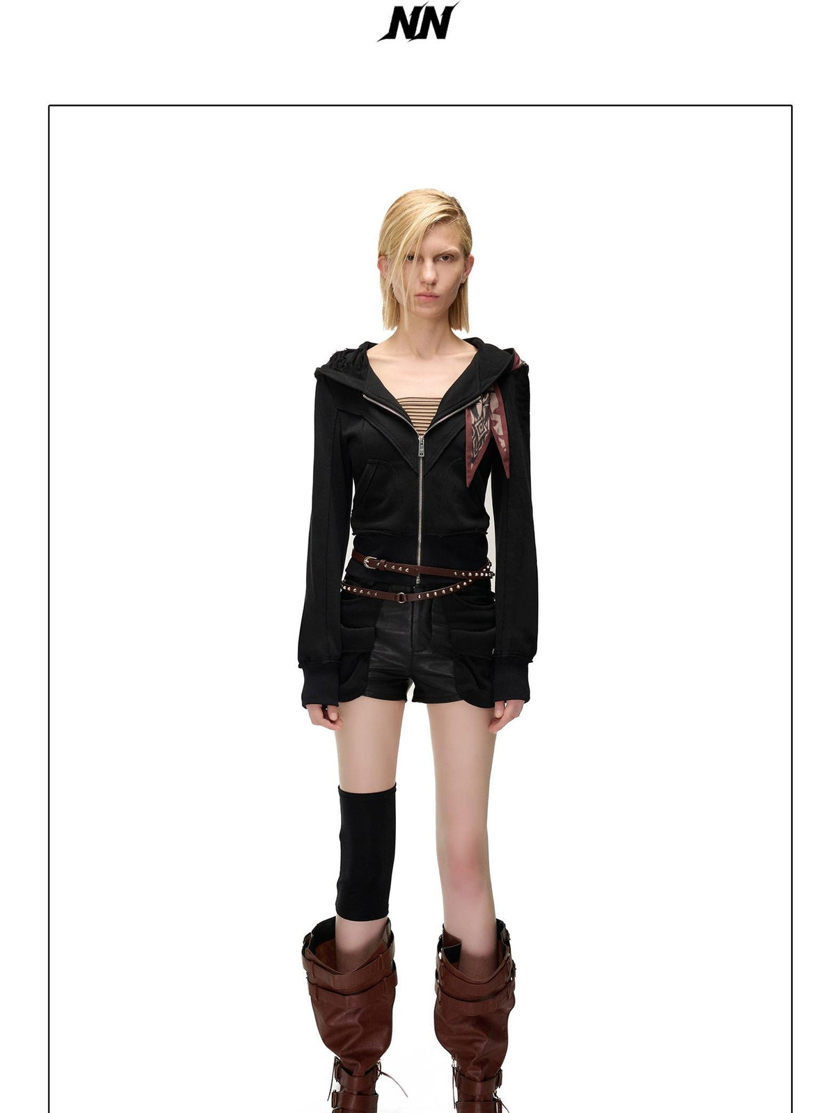 NORTH NODE Distressed Scarf Layered Hooded Slim Fit Cotton Women&
