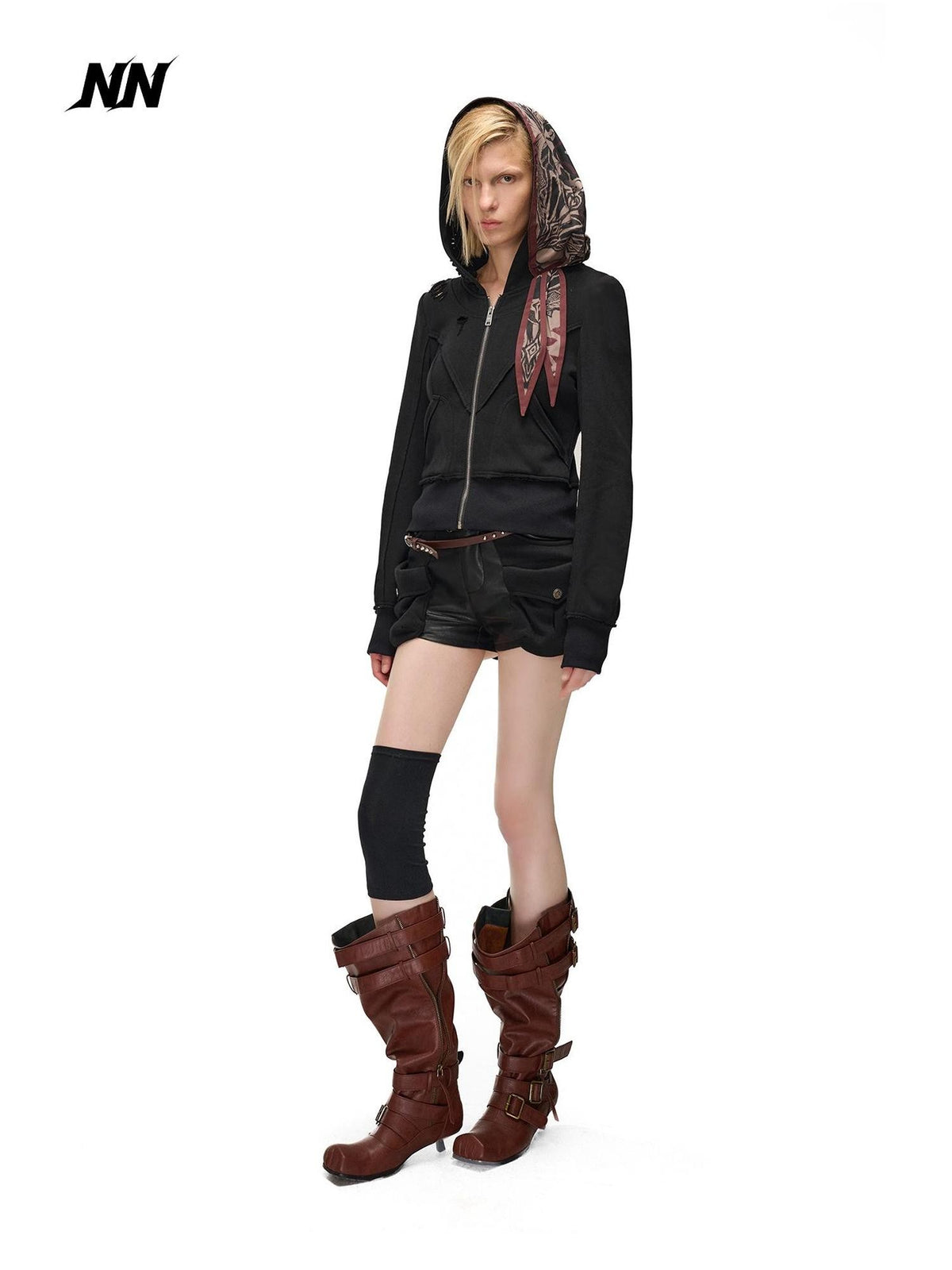 NORTH NODE Distressed Scarf Layered Hooded Slim Fit Cotton Women&