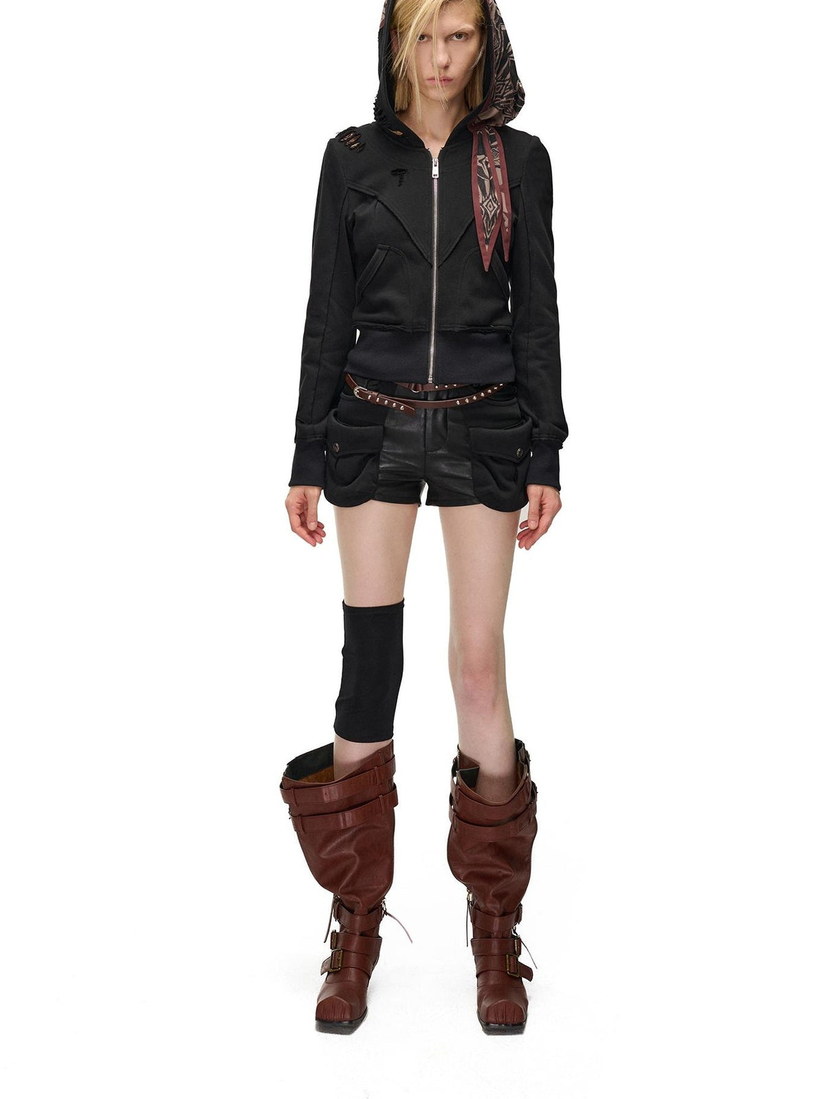 NORTH NODE Distressed Scarf Layered Hooded Slim Fit Cotton Women&