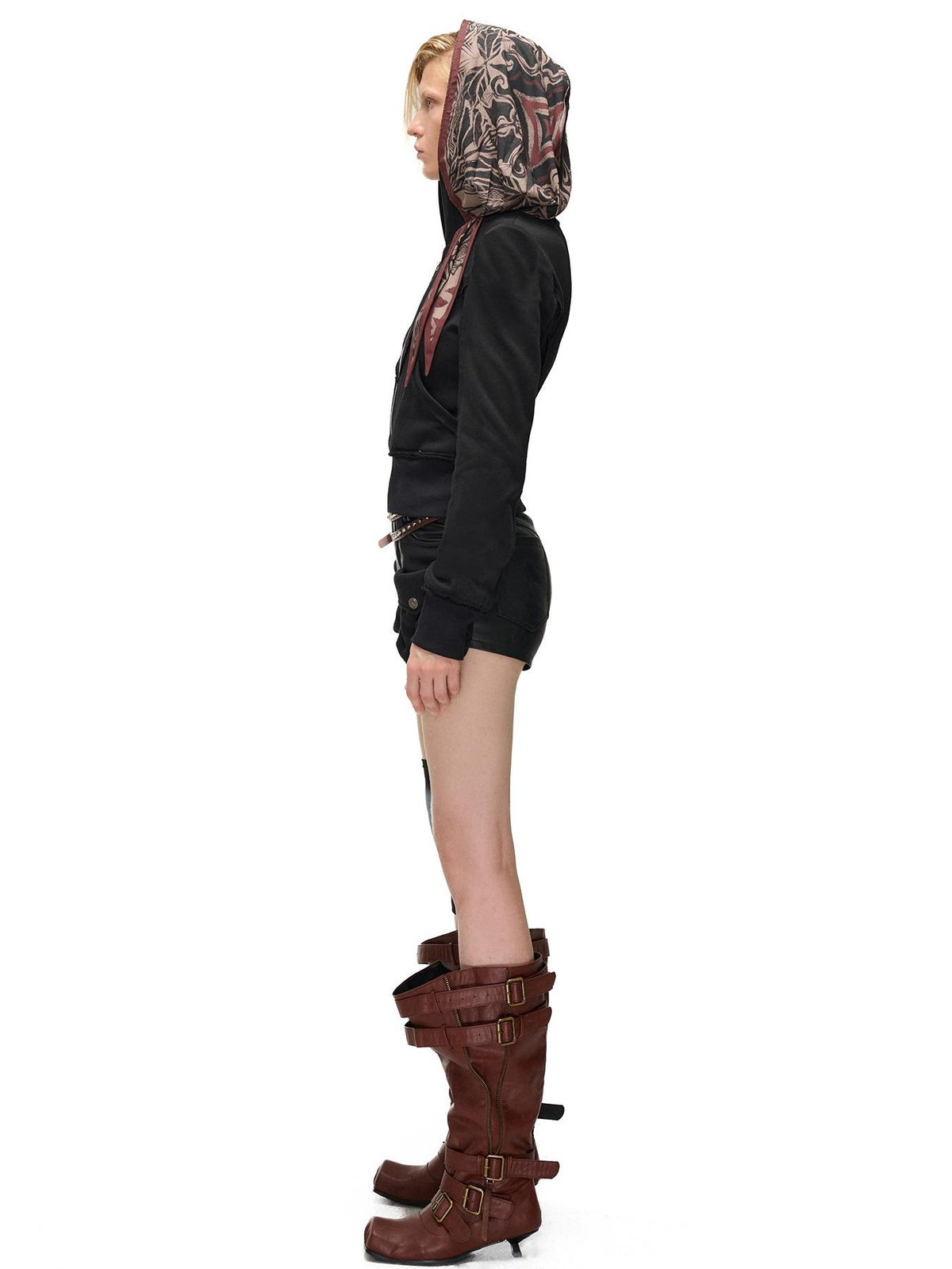 NORTH NODE Distressed Scarf Layered Hooded Slim Fit Cotton Women&