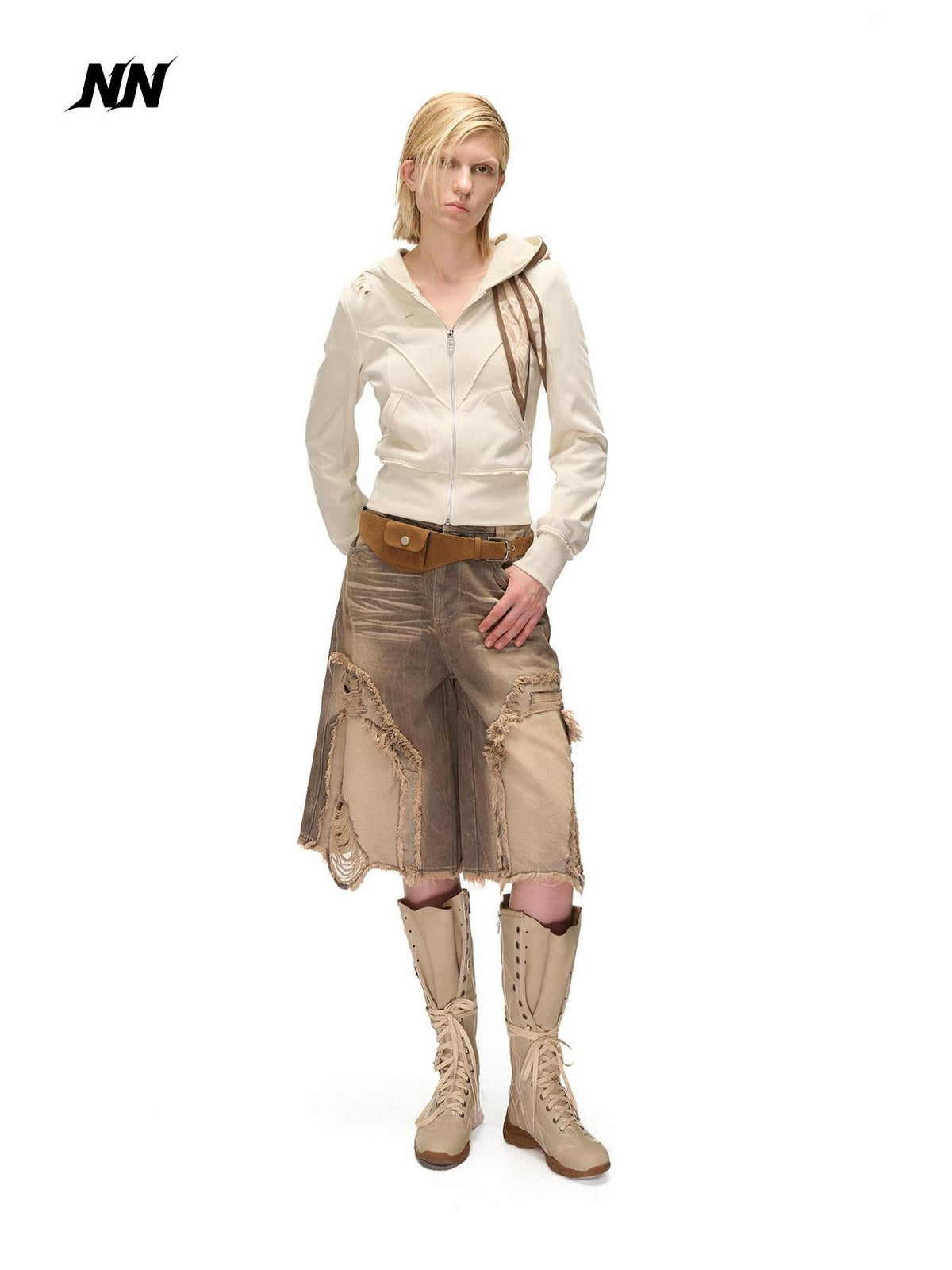 NORTH NODE Distressed Scarf Layered Hooded Slim Fit Cotton Women&
