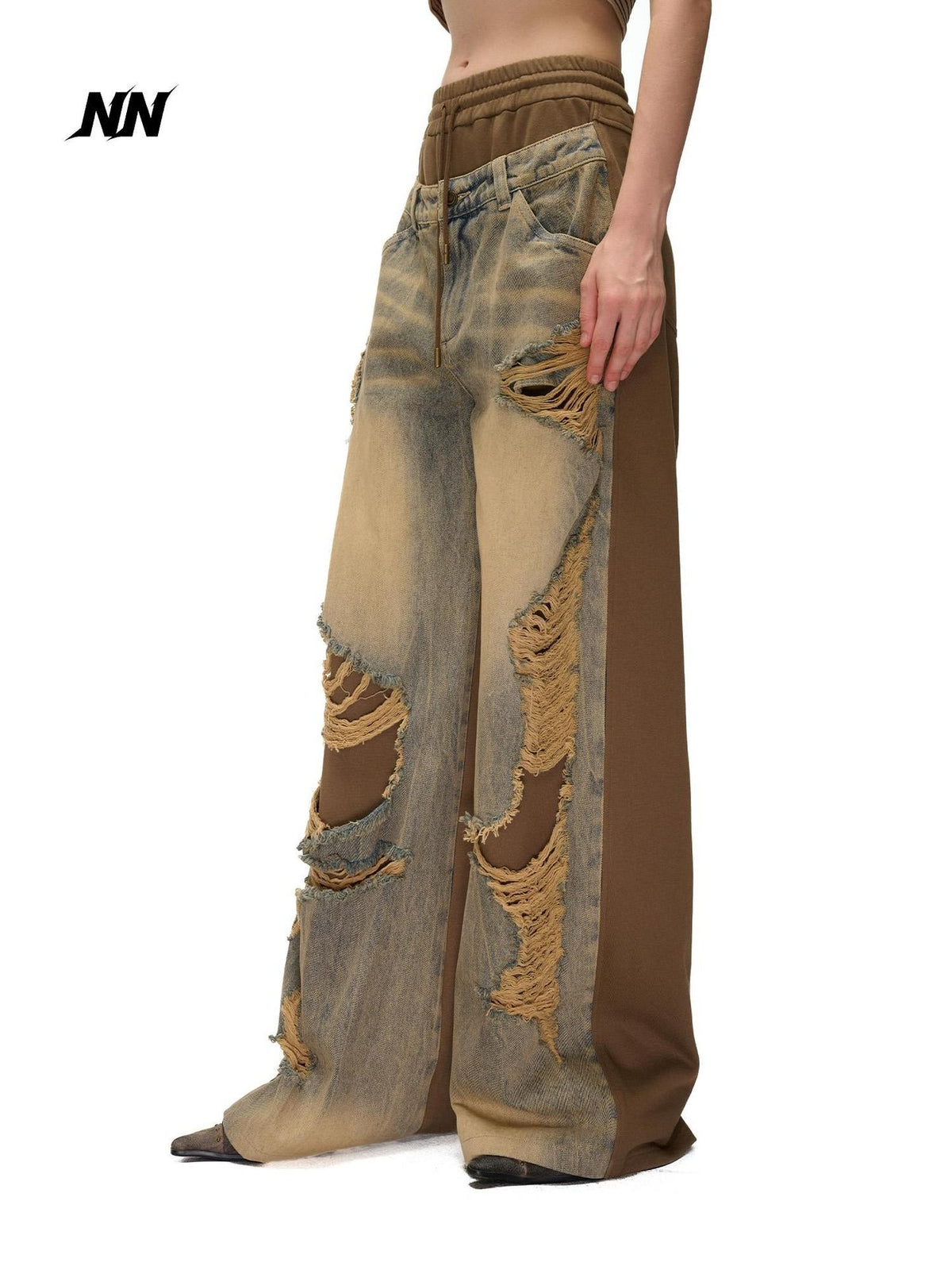 NORTH NODE Distressed Spliced Double Waist Punk Women&