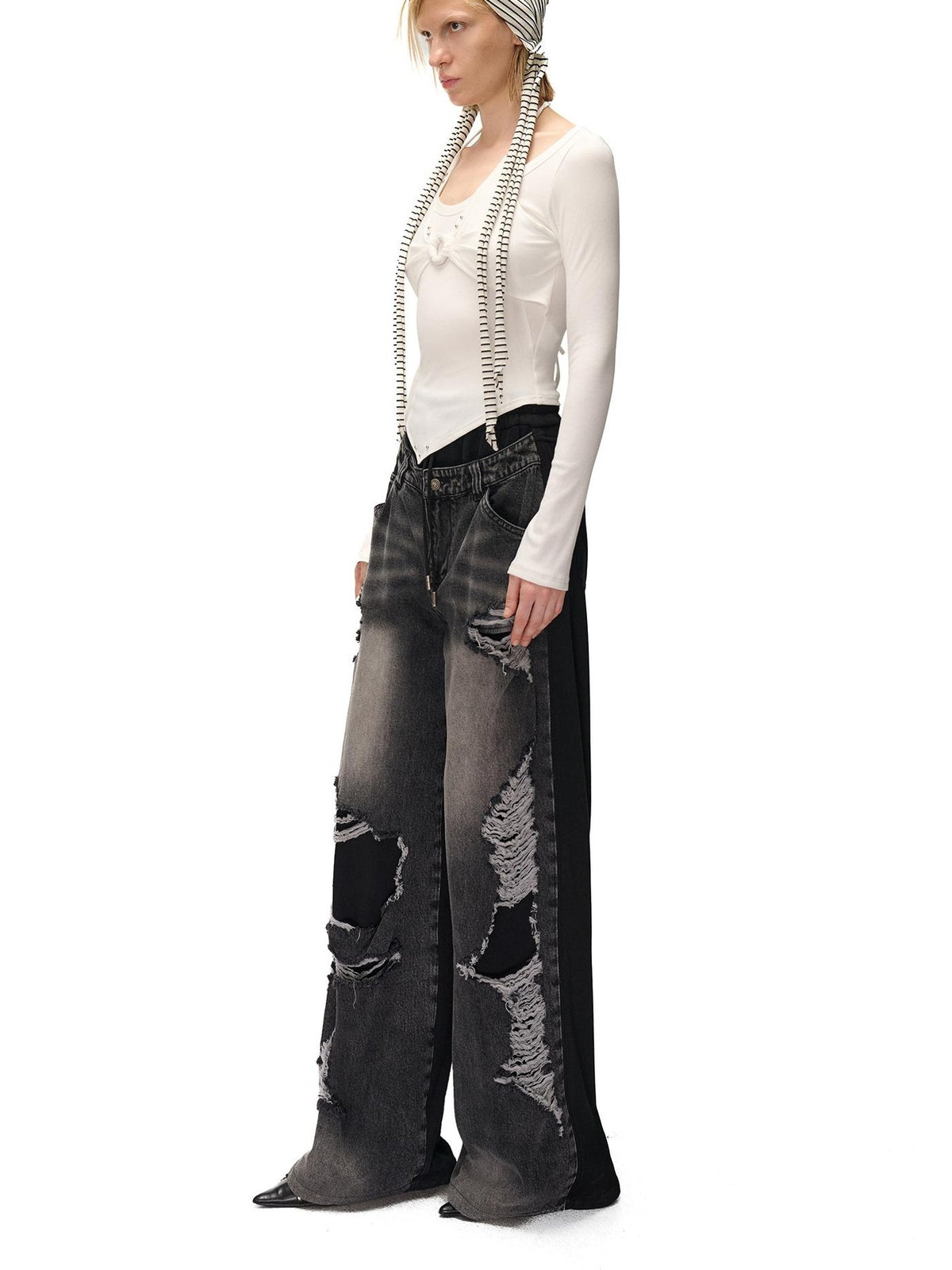 NORTH NODE Distressed Spliced Double Waist Punk Women&