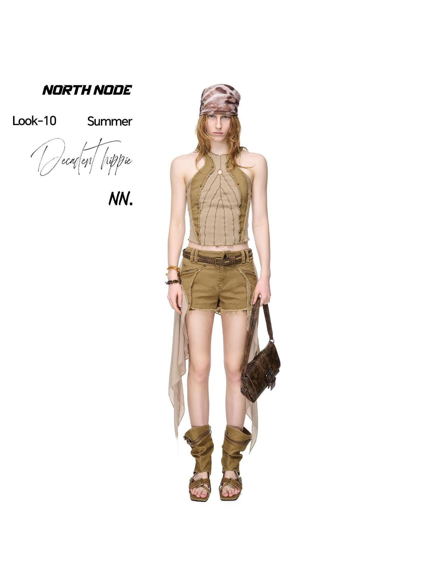 NORTH NODE Distressed Washed Frayed Patchwork Studded Slim Fit Women&