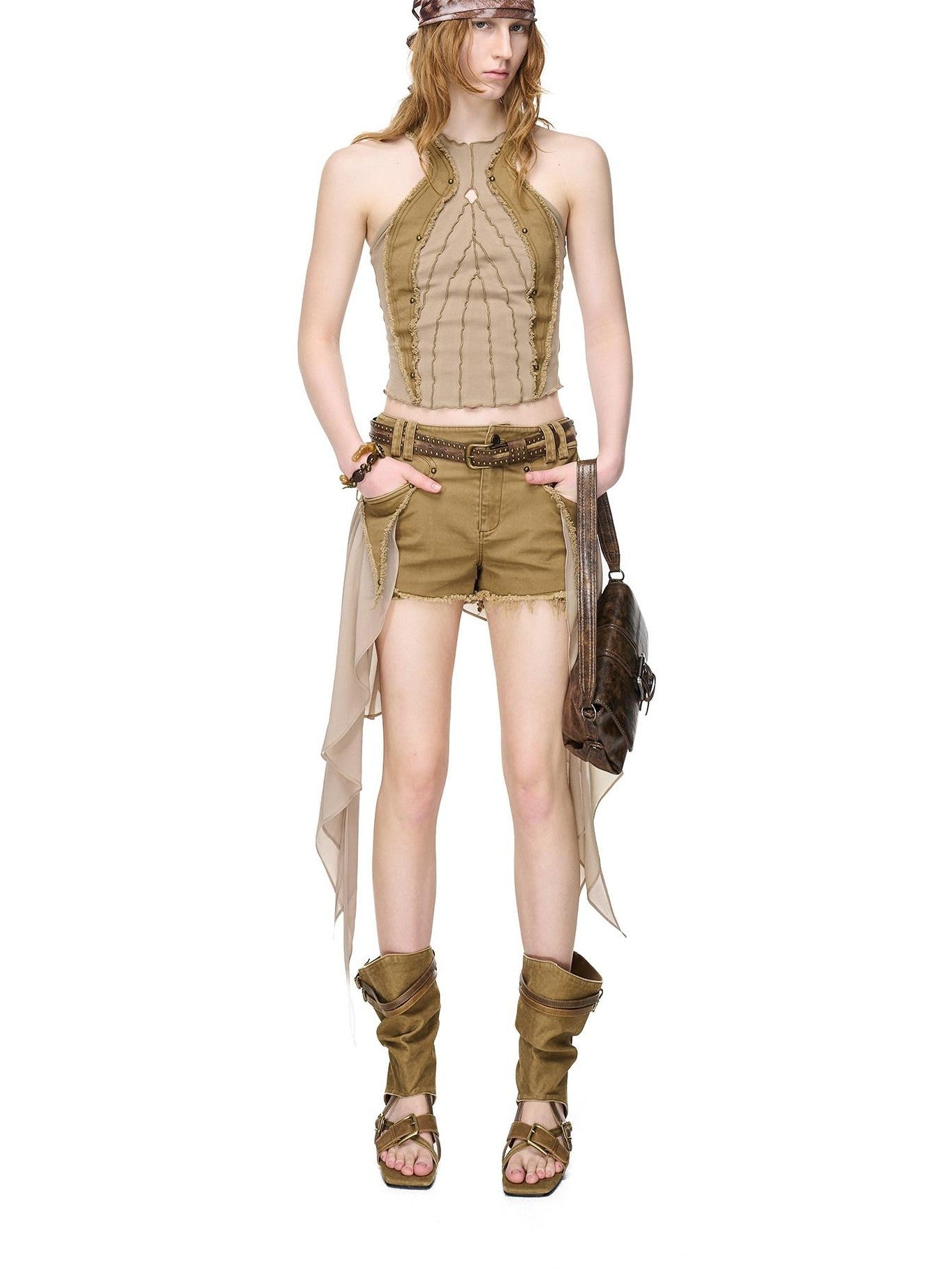 NORTH NODE Distressed Washed Frayed Patchwork Studded Slim Fit Women&