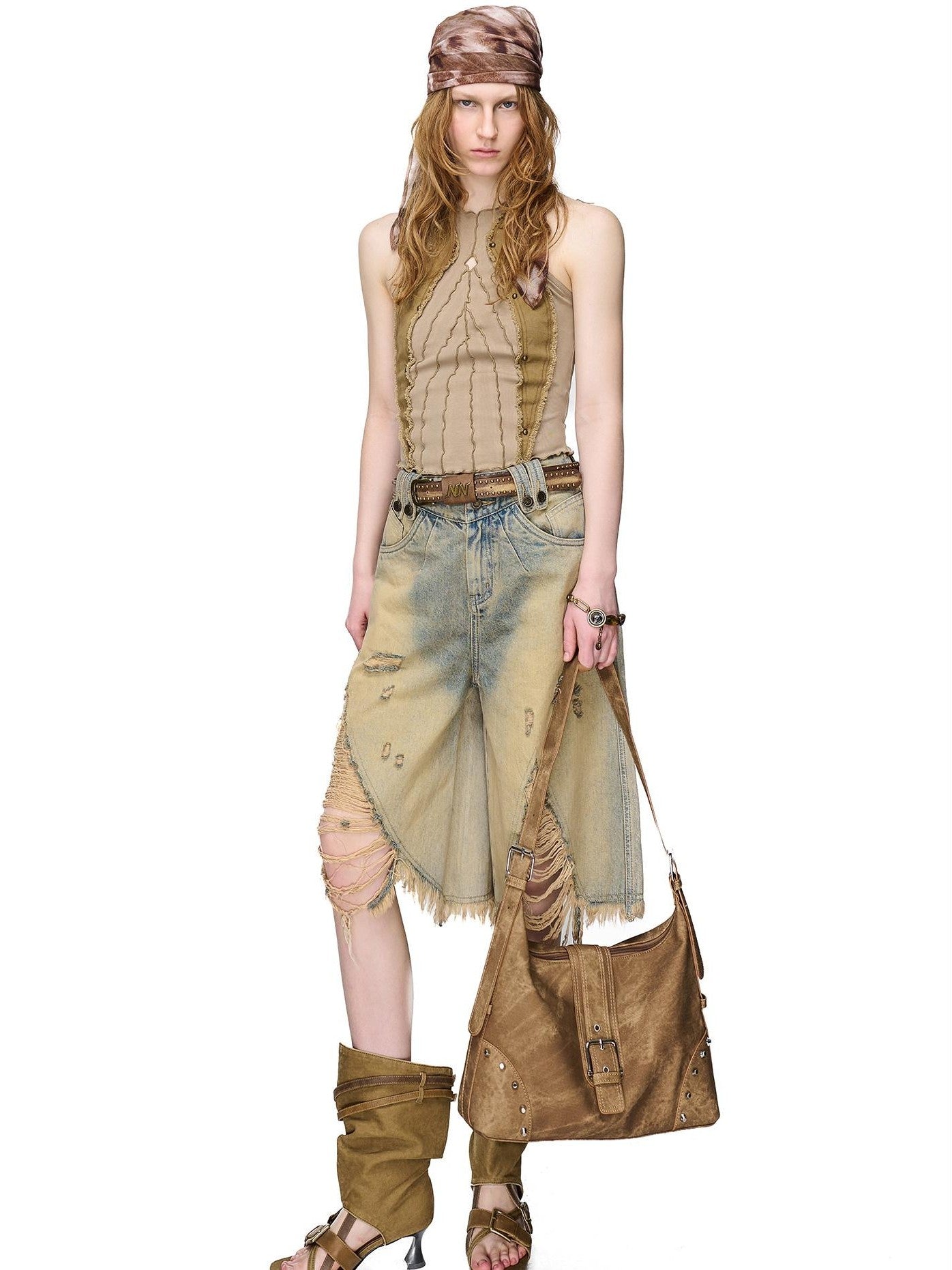NORTH NODE Distressed Washed Frayed Patchwork Studded Slim Fit Women&
