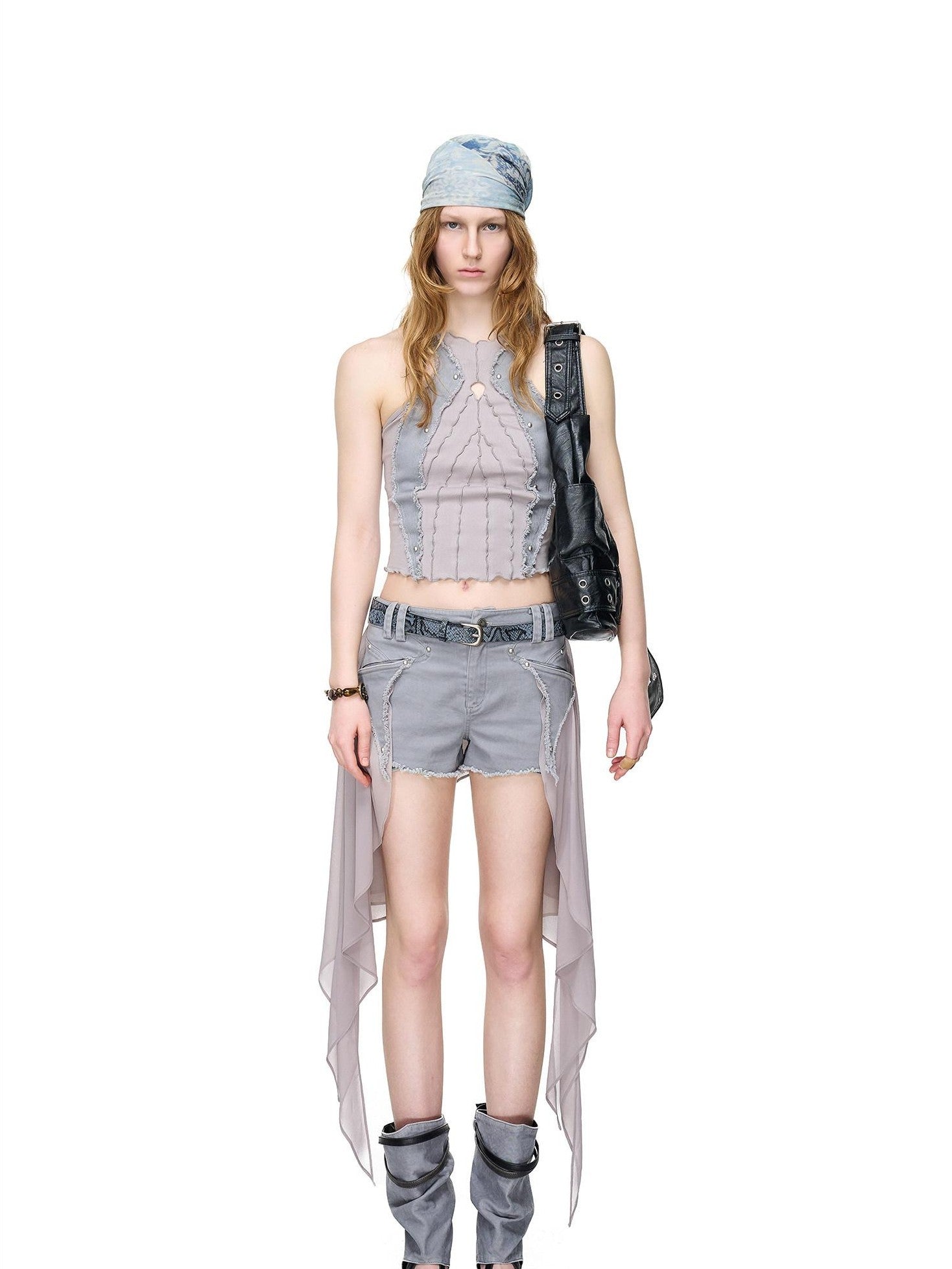 NORTH NODE Distressed Washed Frayed Patchwork Studded Slim Fit Women&