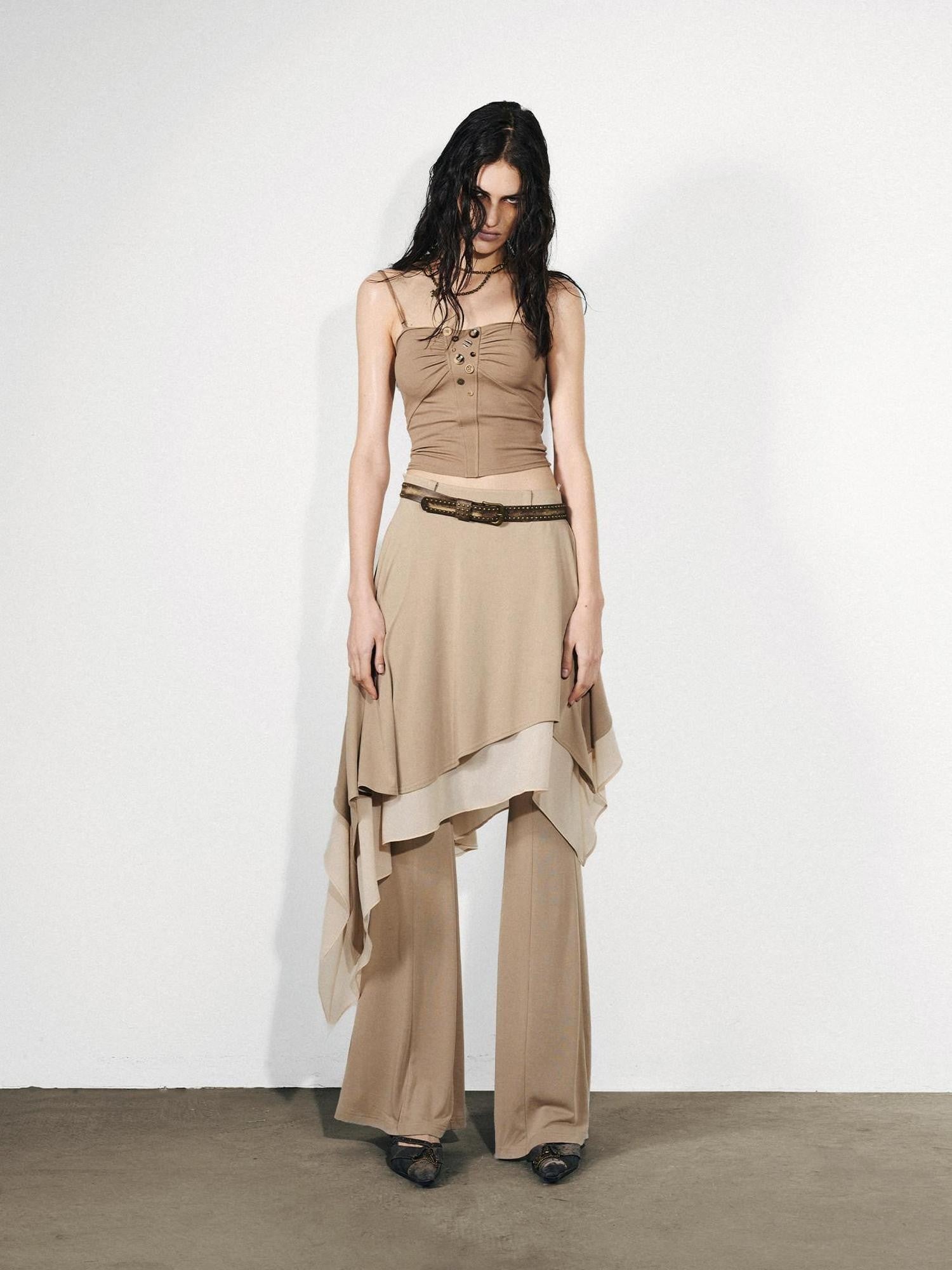 NORTH NODE Draped Asymmetric Faux Two Piece Ruffle Women&