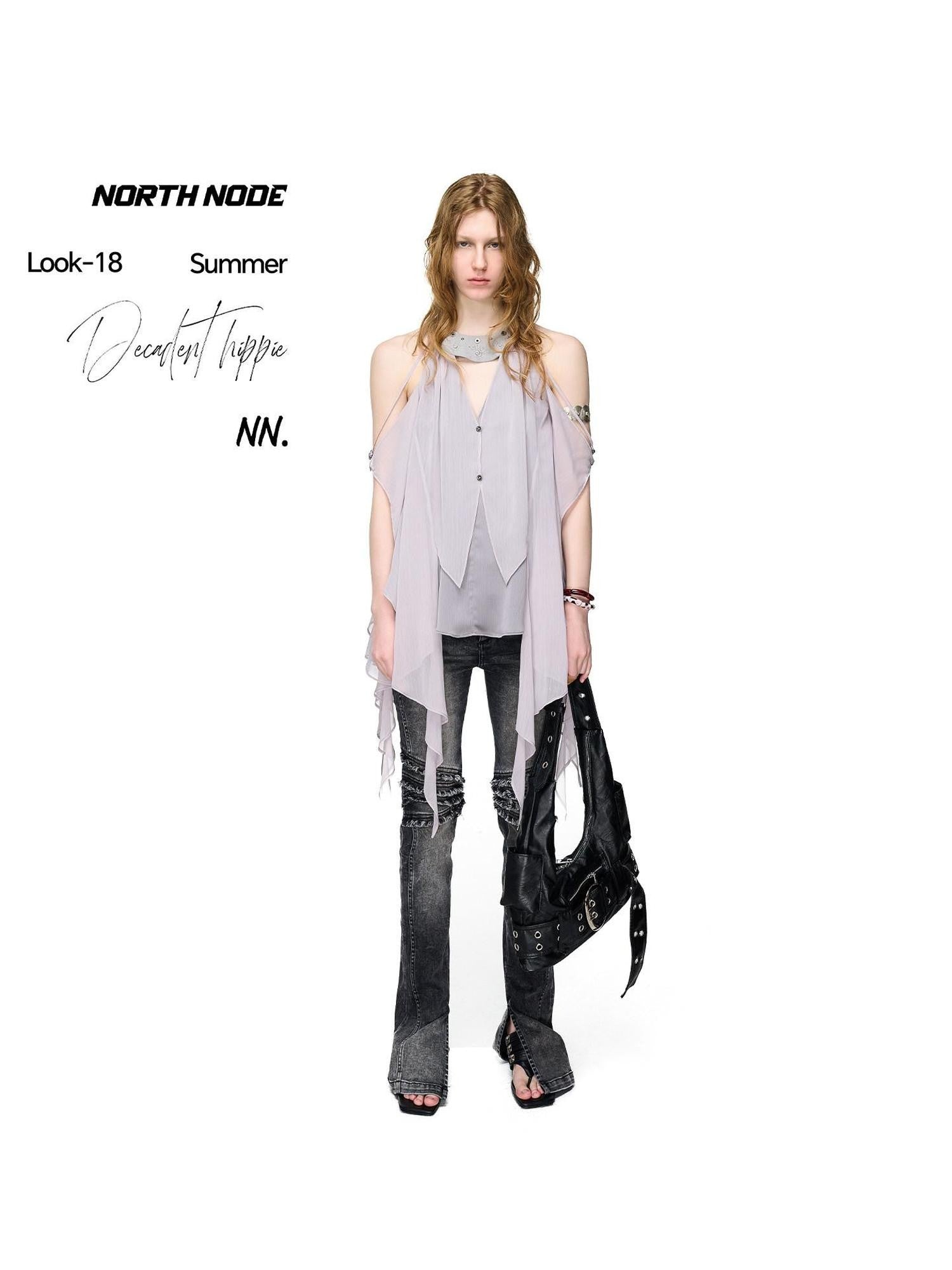 NORTH NODE Embroidered Ruffle Asymmetrical Off Shoulder Halter Women&