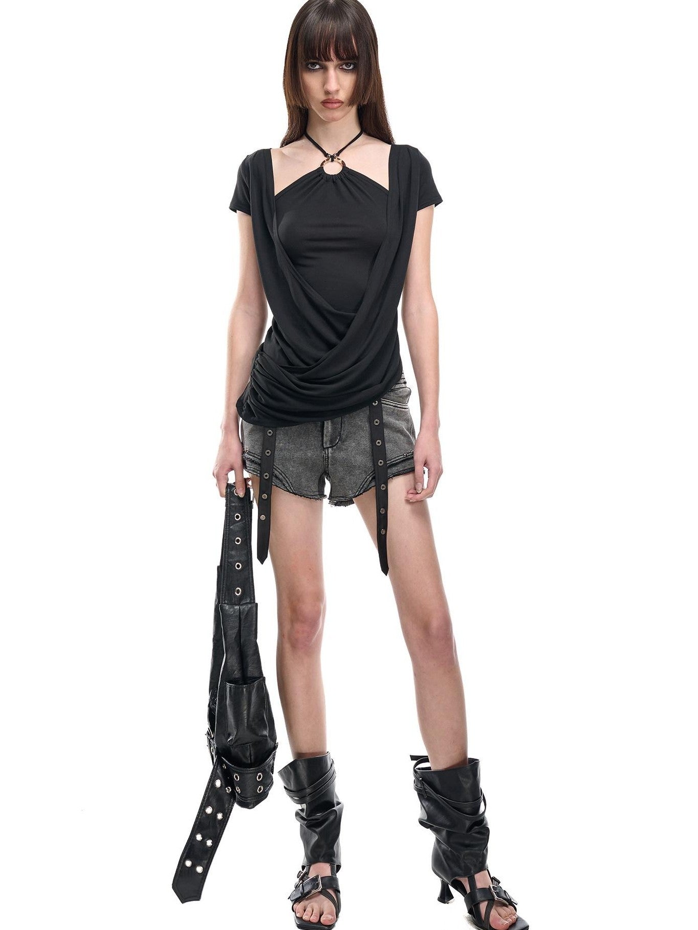 NORTH NODE Faded Wash Studded Wide Waistband High Waist Pockets Women&