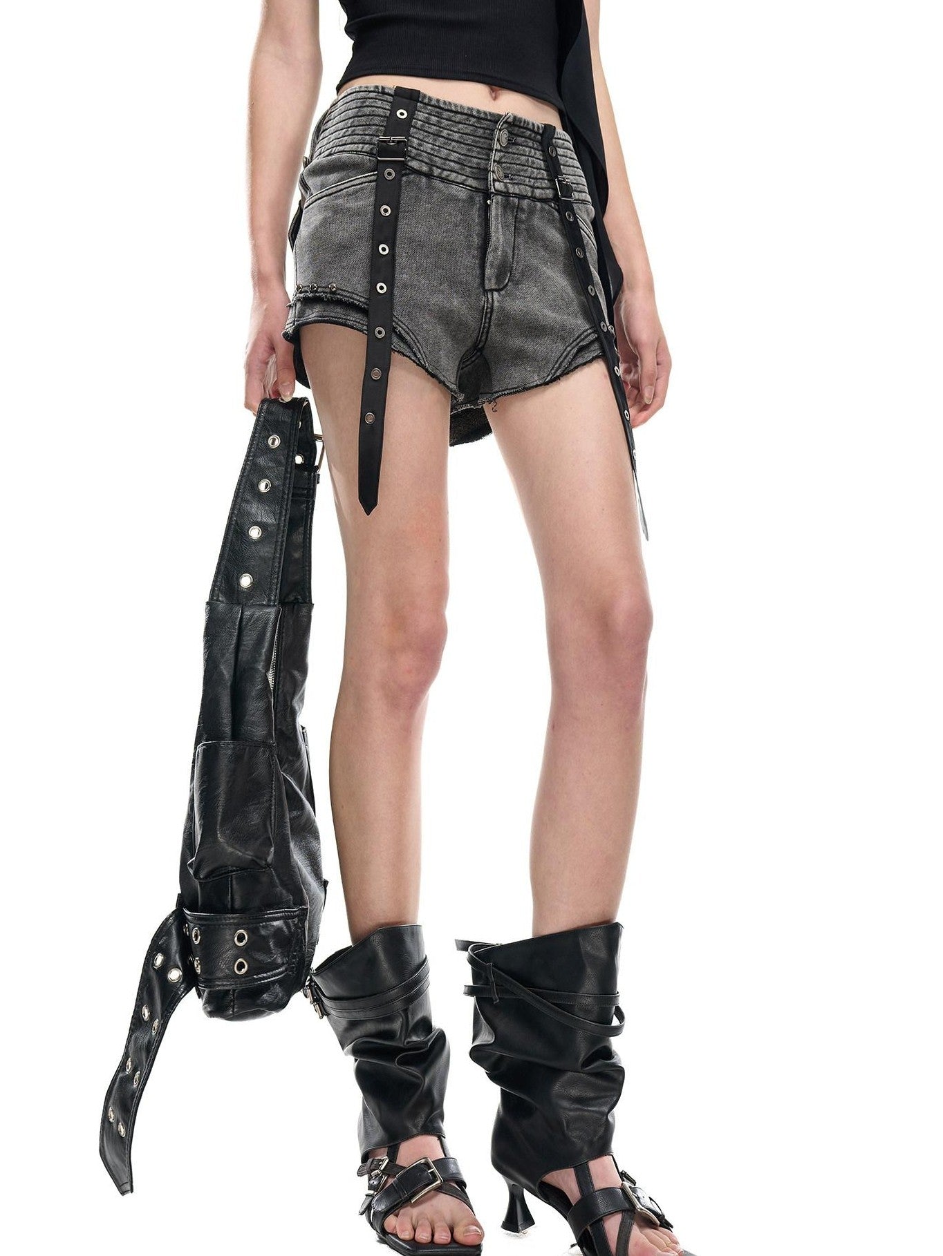 NORTH NODE Faded Wash Studded Wide Waistband High Waist Pockets Women&
