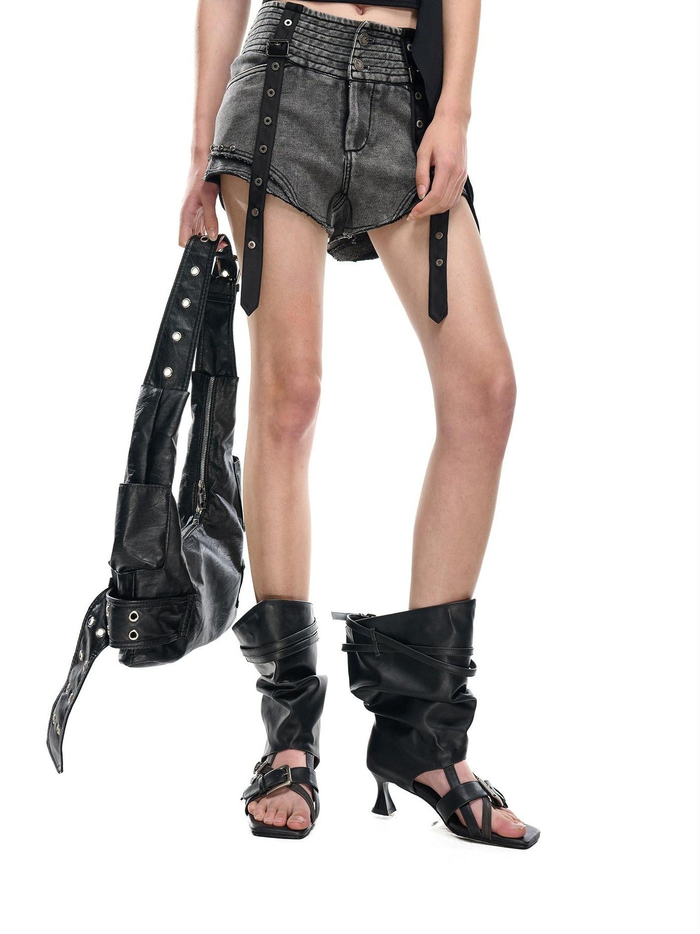 NORTH NODE Faded Wash Studded Wide Waistband High Waist Pockets Women&