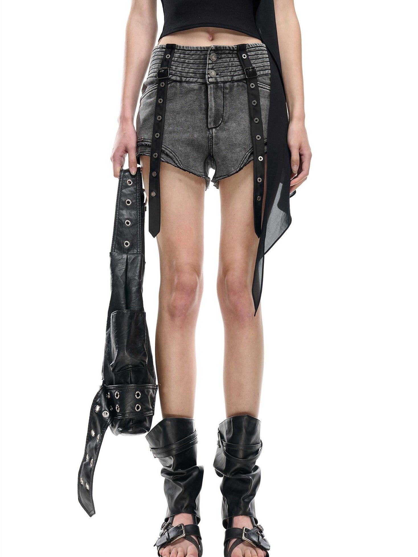 NORTH NODE Faded Wash Studded Wide Waistband High Waist Pockets Women&
