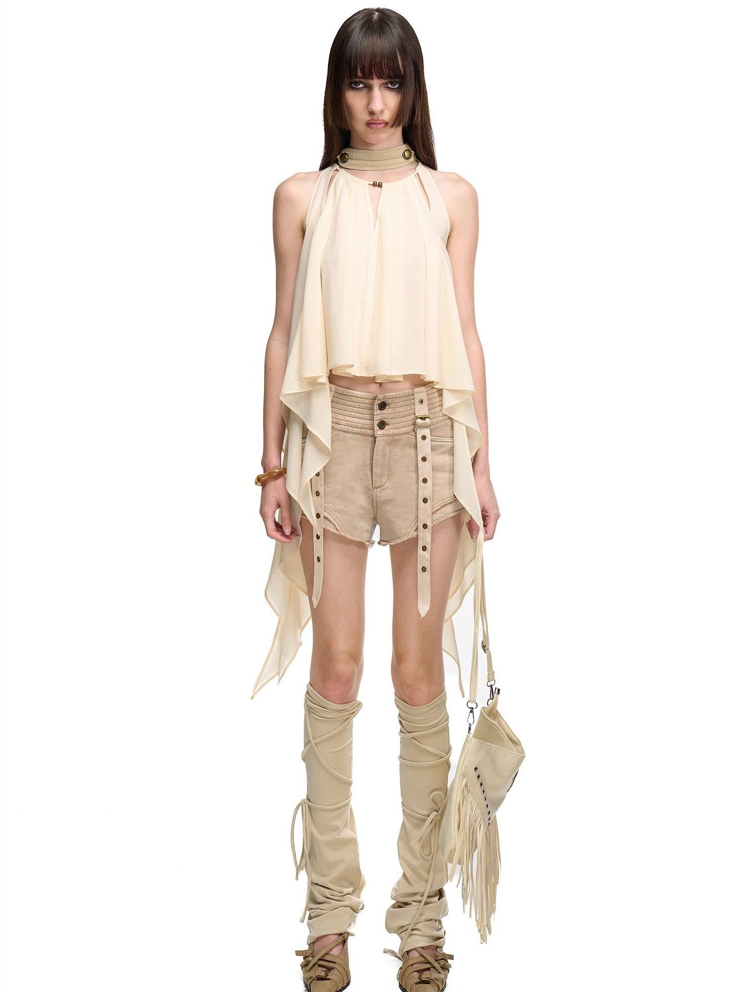 NORTH NODE Faded Wash Studded Wide Waistband High Waist Pockets Women&