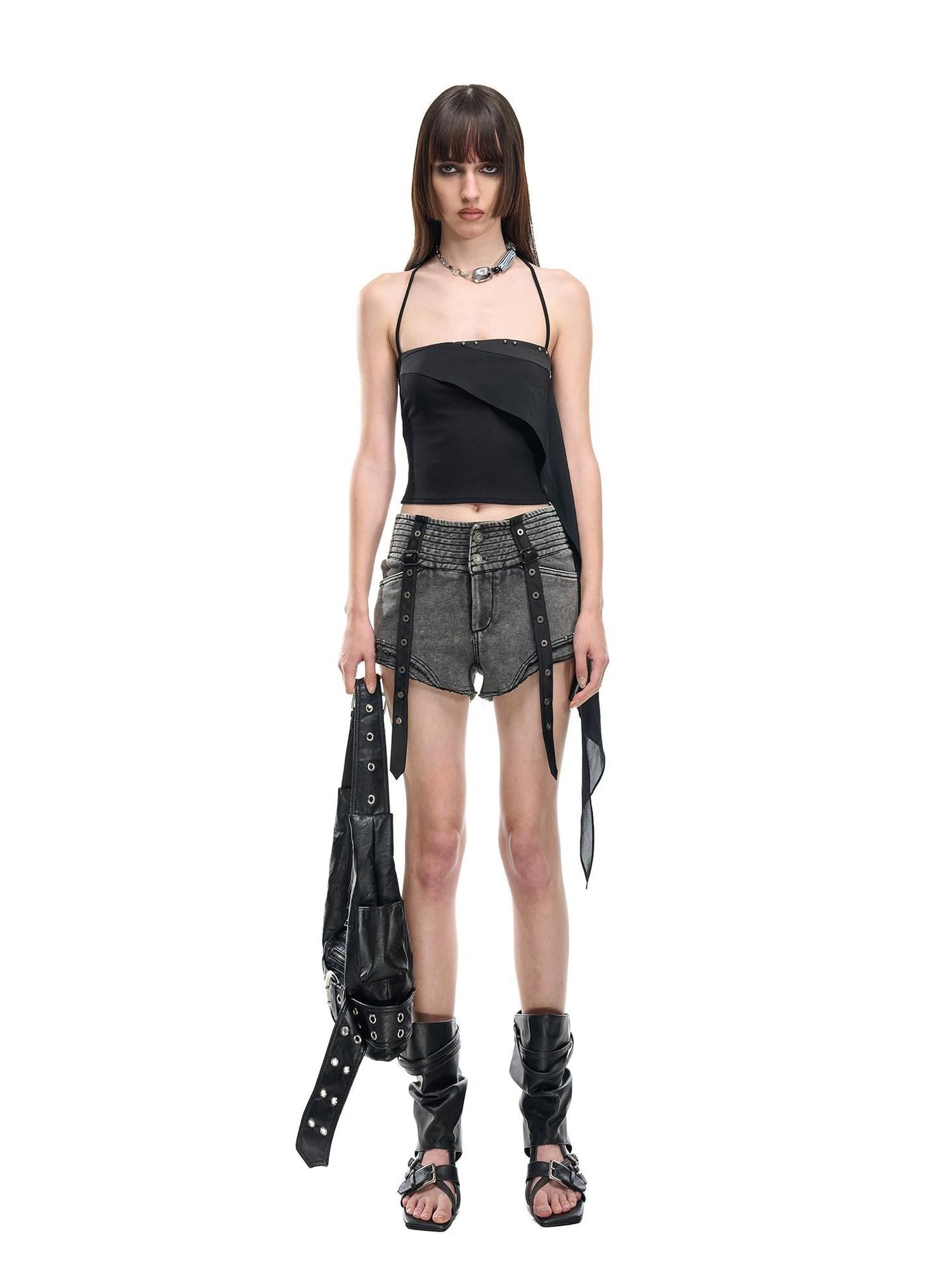 NORTH NODE Faded Wash Studded Wide Waistband High Waist Pockets Women&