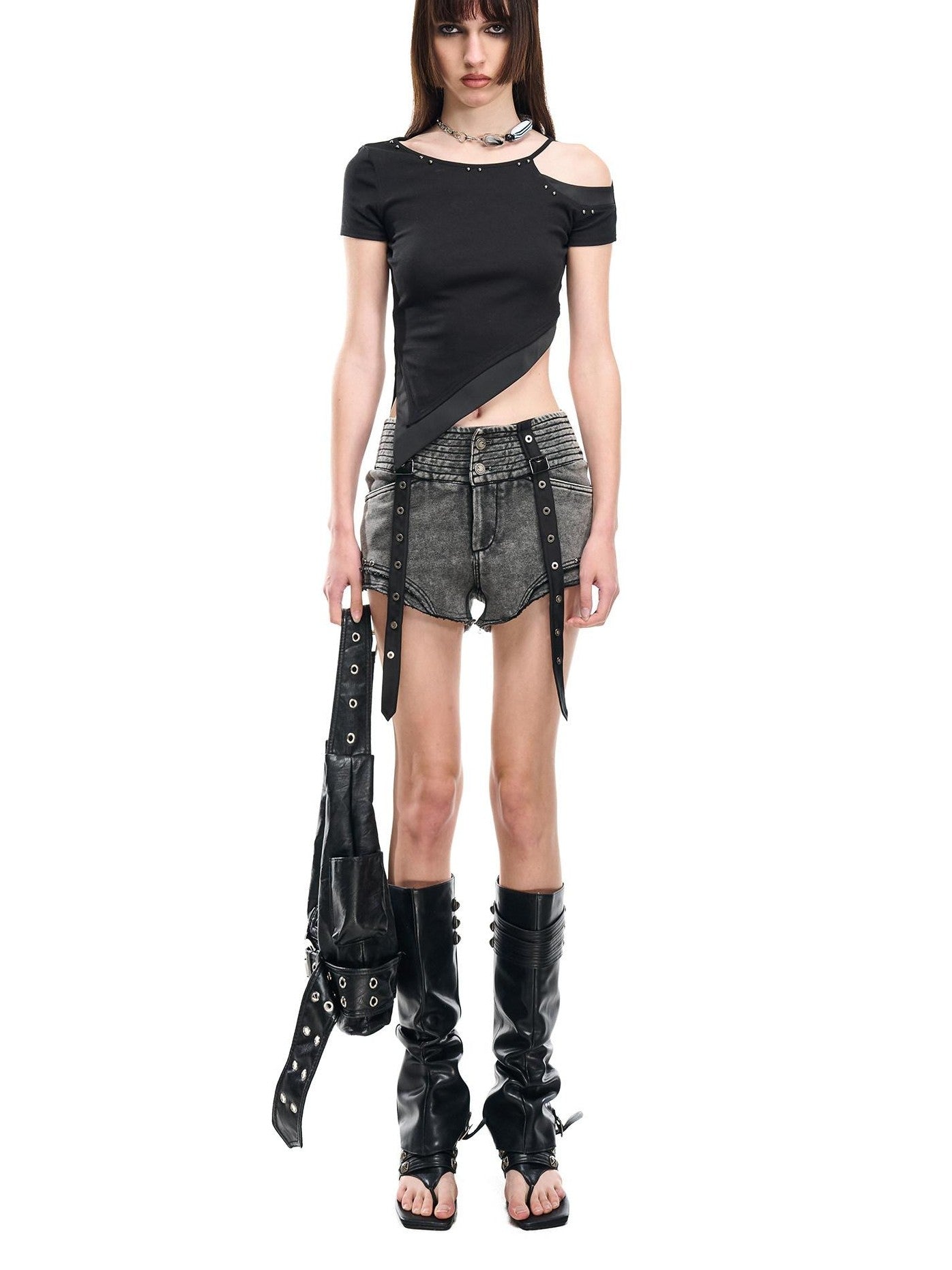 NORTH NODE Faded Wash Studded Wide Waistband High Waist Pockets Women&