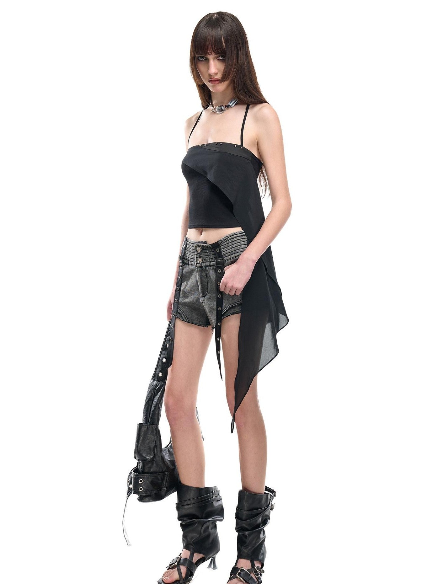 NORTH NODE Faded Wash Studded Wide Waistband High Waist Pockets Women&