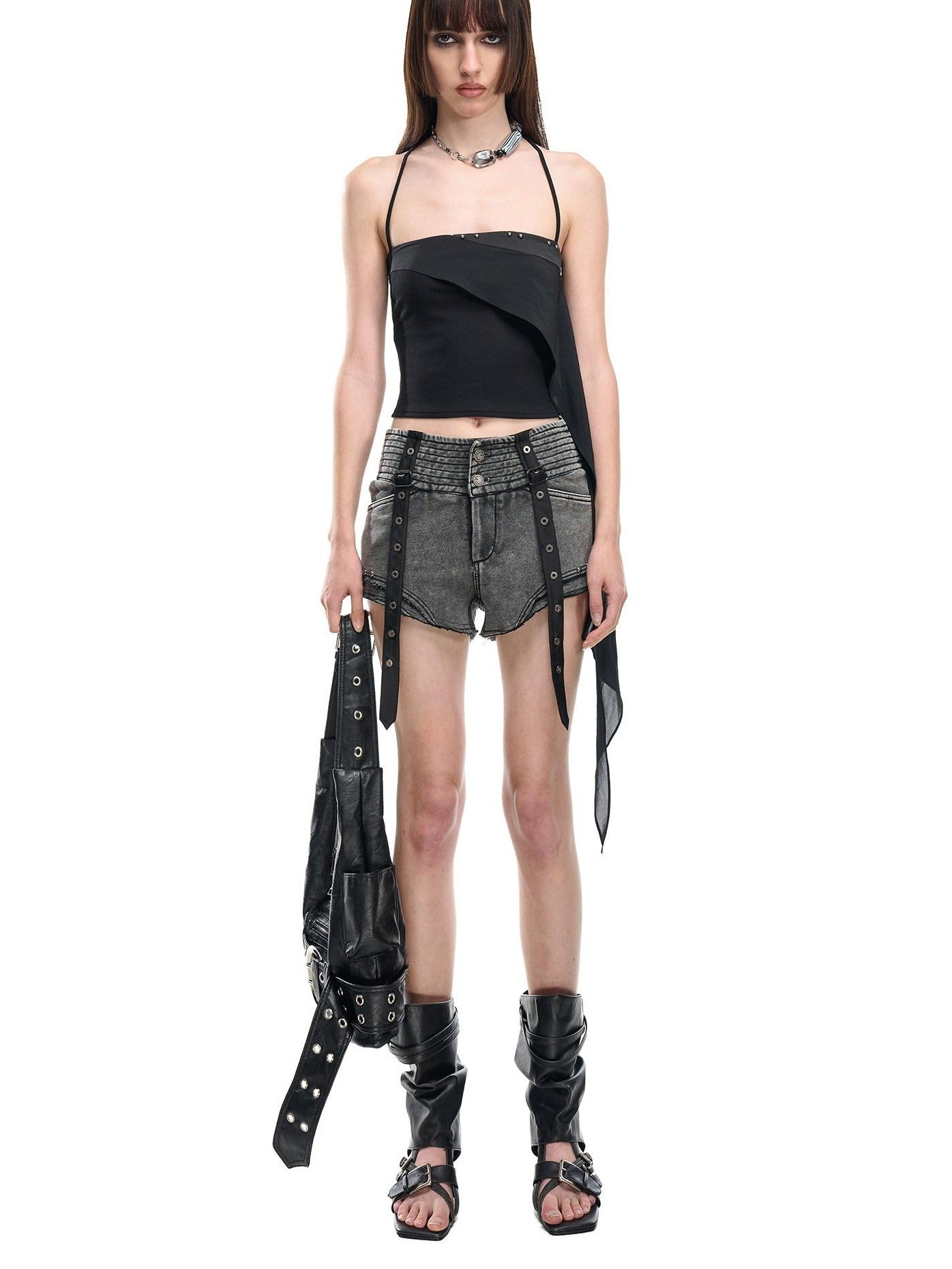 NORTH NODE Faded Wash Studded Wide Waistband High Waist Pockets Women&
