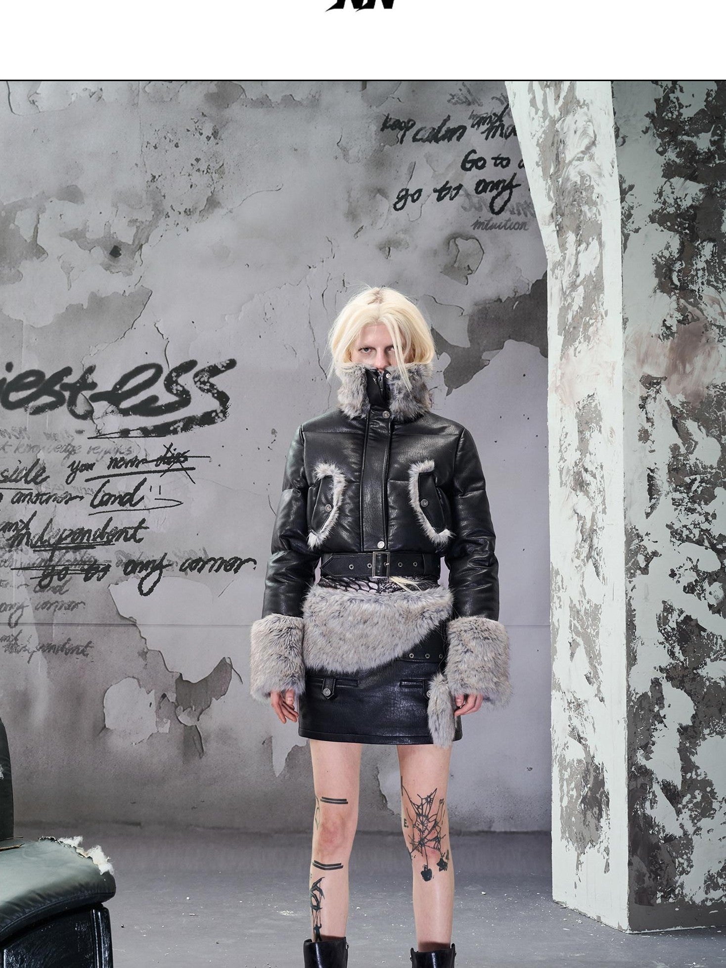 NORTH NODE Faux Fur Patchwork Quilted Zipper Collar Women&