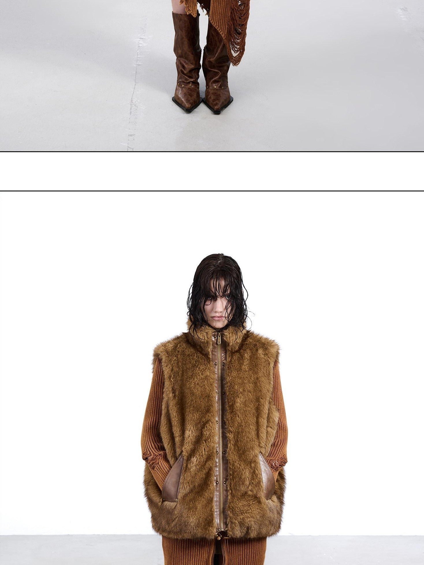 NORTH NODE Faux Fur Patchwork Stand Collar Zip Women&