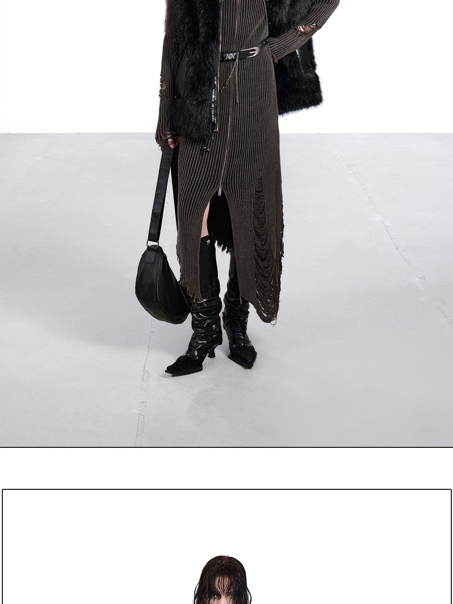 NORTH NODE Faux Fur Patchwork Stand Collar Zip Women&