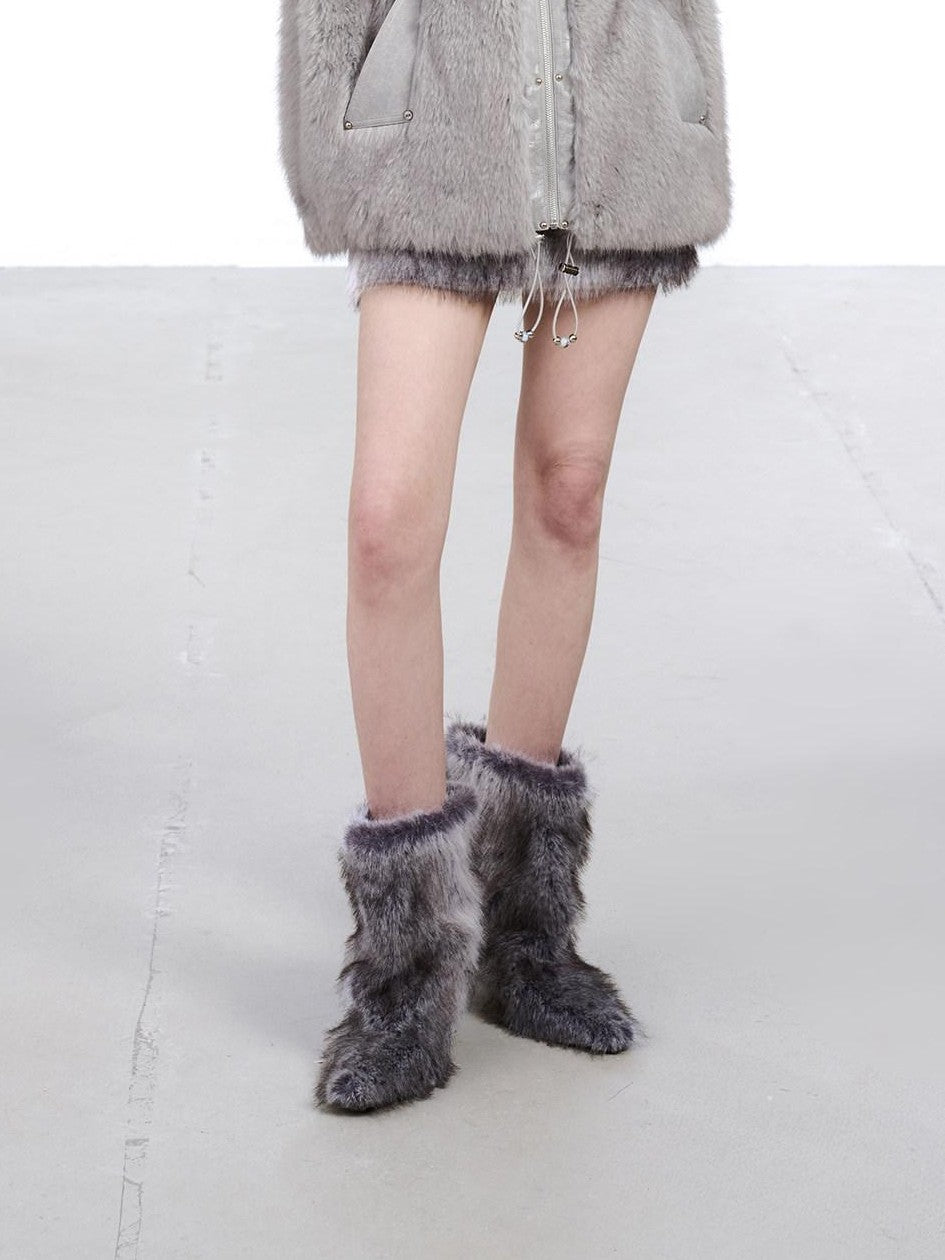 NORTH NODE Faux Fur Patchwork Stand Collar Zip Women&