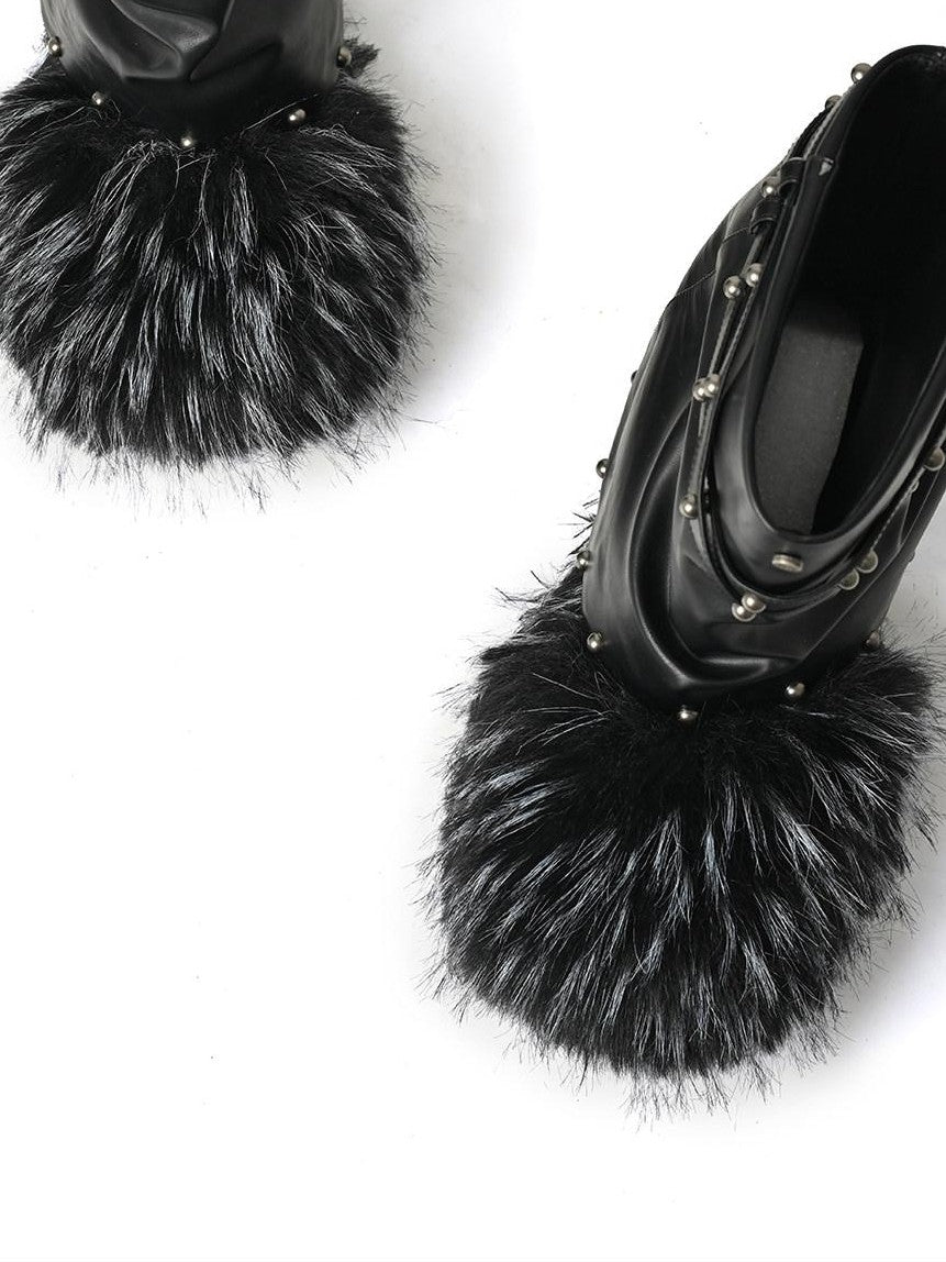 NORTH NODE Faux Fur Patchwork Studded Beaded Round Toe Women&