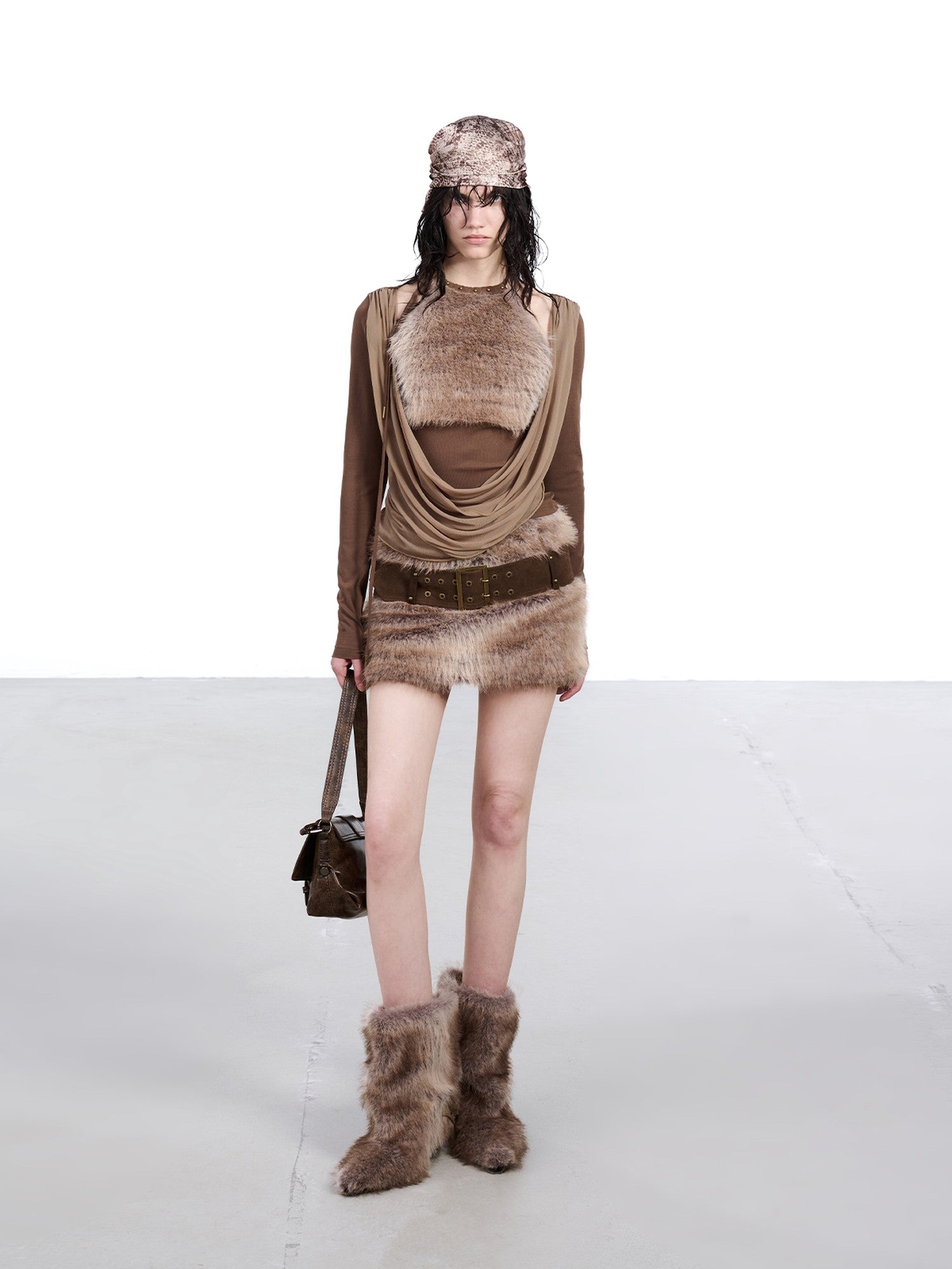 NORTH NODE Faux Fur Spliced Halter Neck Ruched Women&