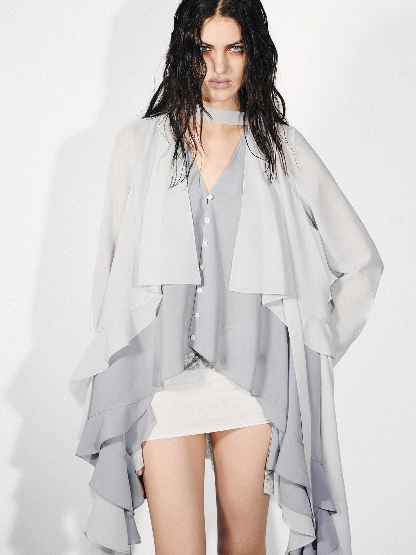 NORTH NODE Feathered Patchwork Asymmetric Layered Ruffle Women&