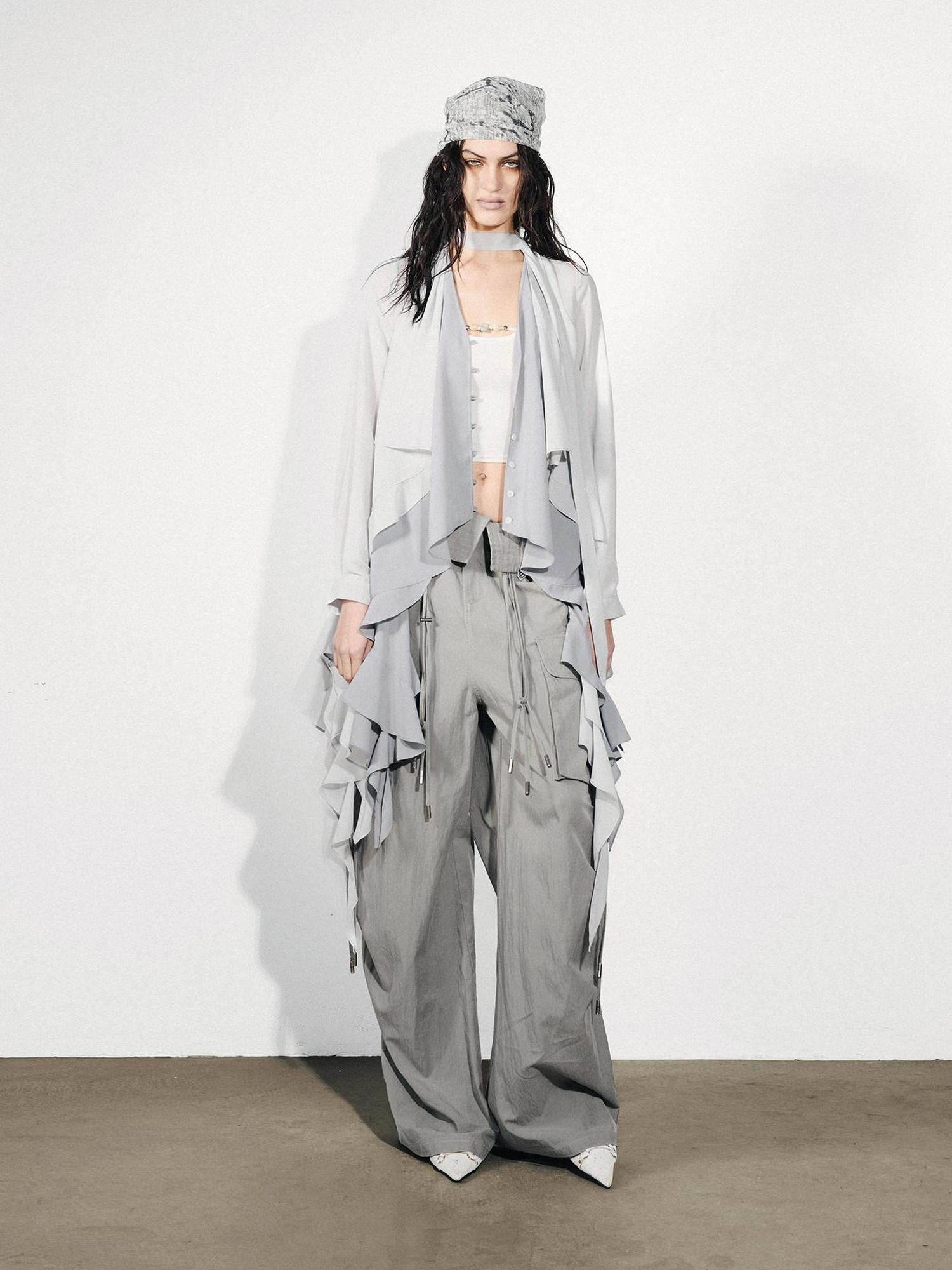 NORTH NODE Feathered Patchwork Asymmetric Layered Ruffle Women&
