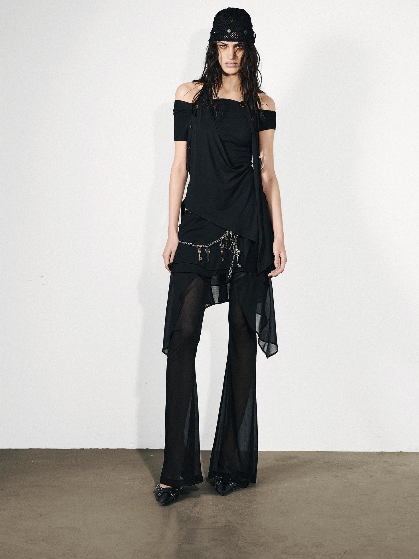 NORTH NODE Figure Slimming Draped Ruffle Hem Micro Flare Women&
