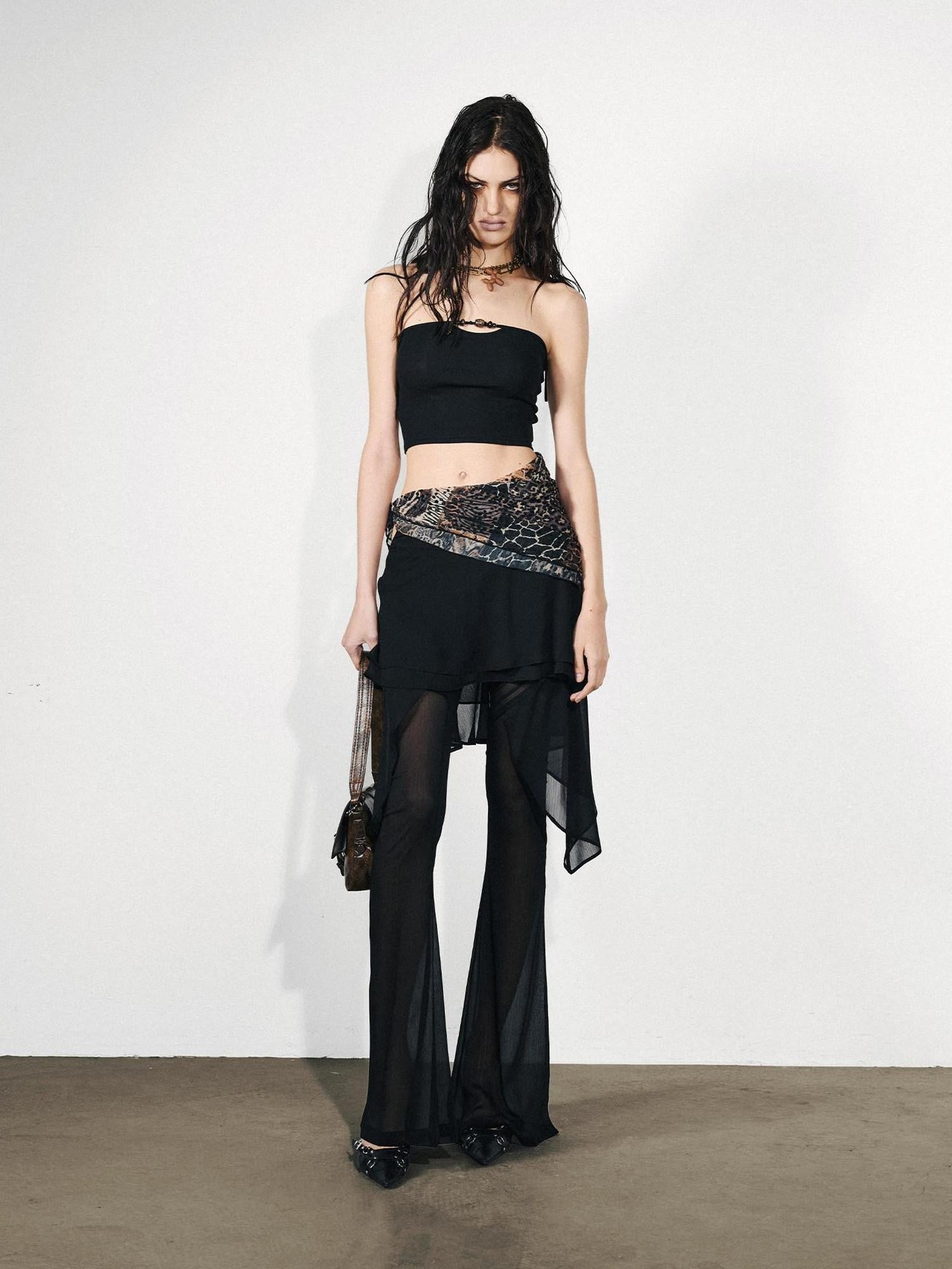 NORTH NODE Figure Slimming Draped Ruffle Hem Micro Flare Women&