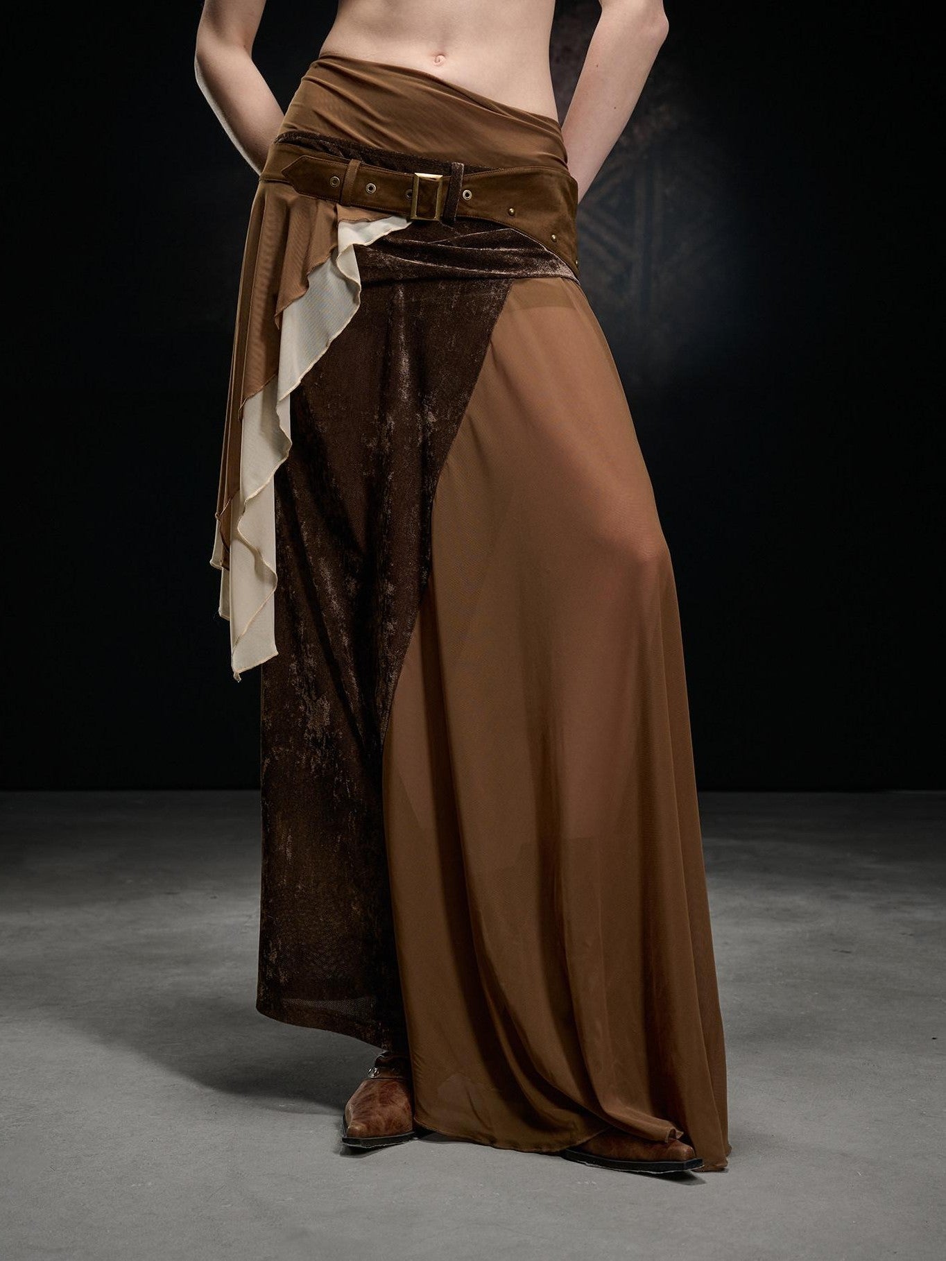 NORTH NODE Flocked Mesh Patchwork Asymmetrical Ruffle Women&