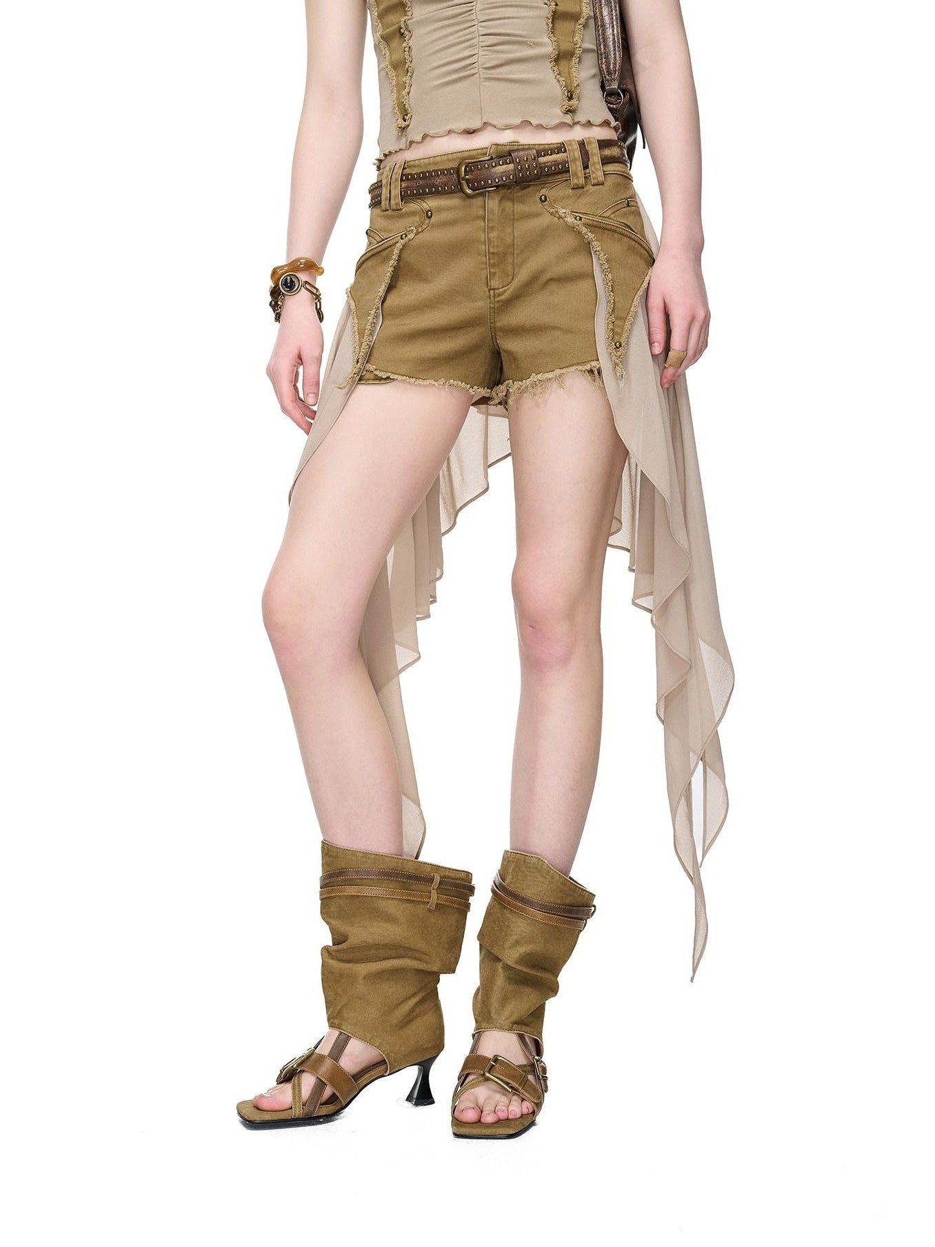 NORTH NODE Frayed Hem Patchwork Chiffon Panel Women&