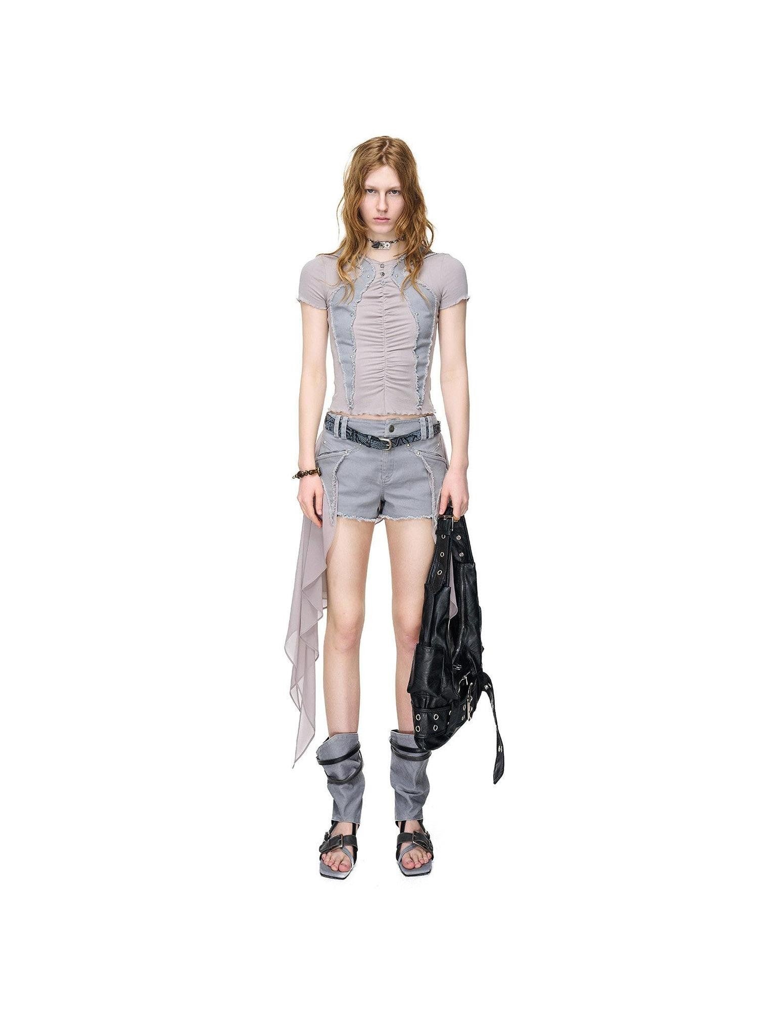 NORTH NODE Frayed Hem Patchwork Chiffon Panel Women&