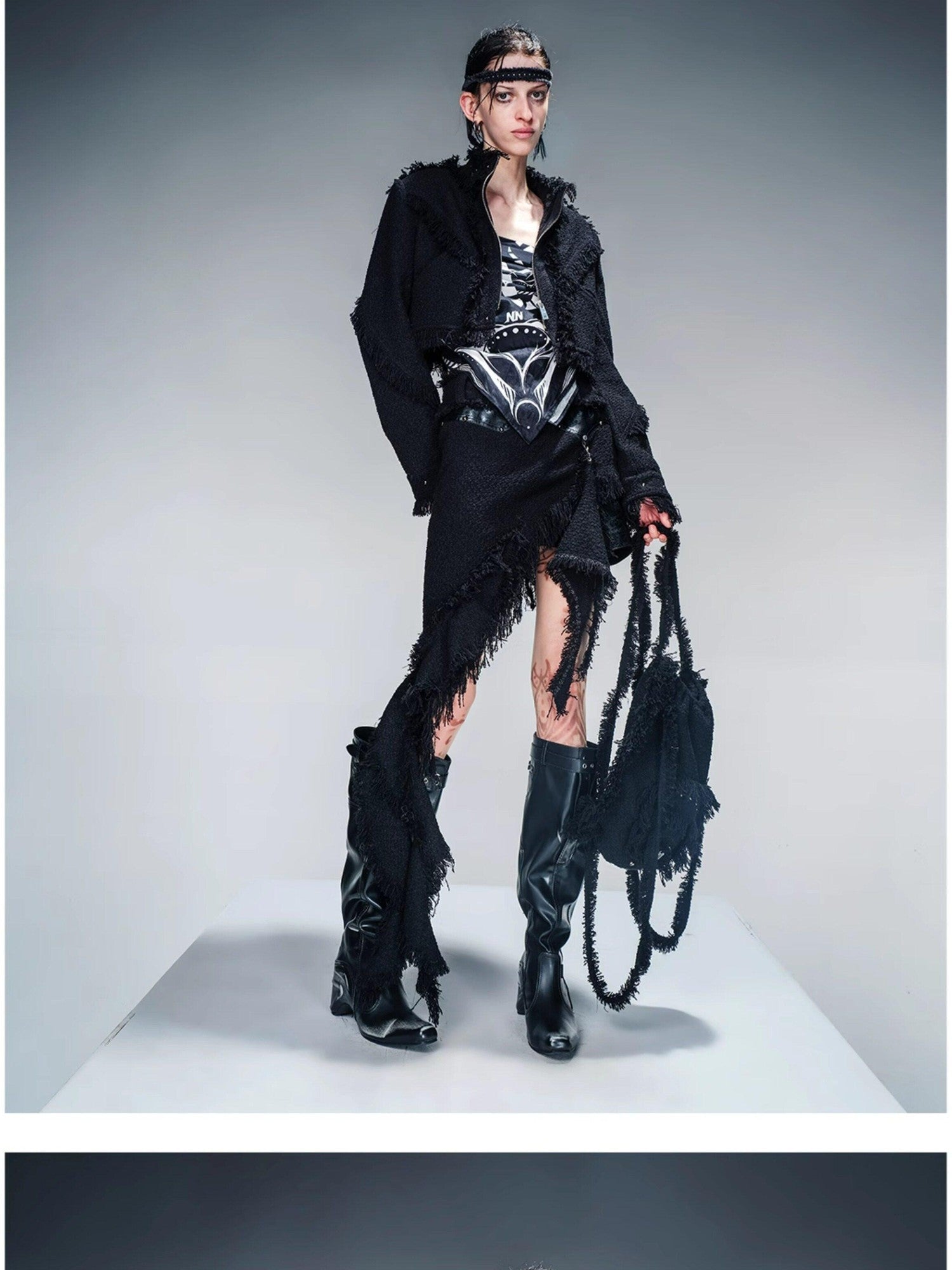 NORTH NODE Fringe Tassel Boucle Jacket And Skirt Women&