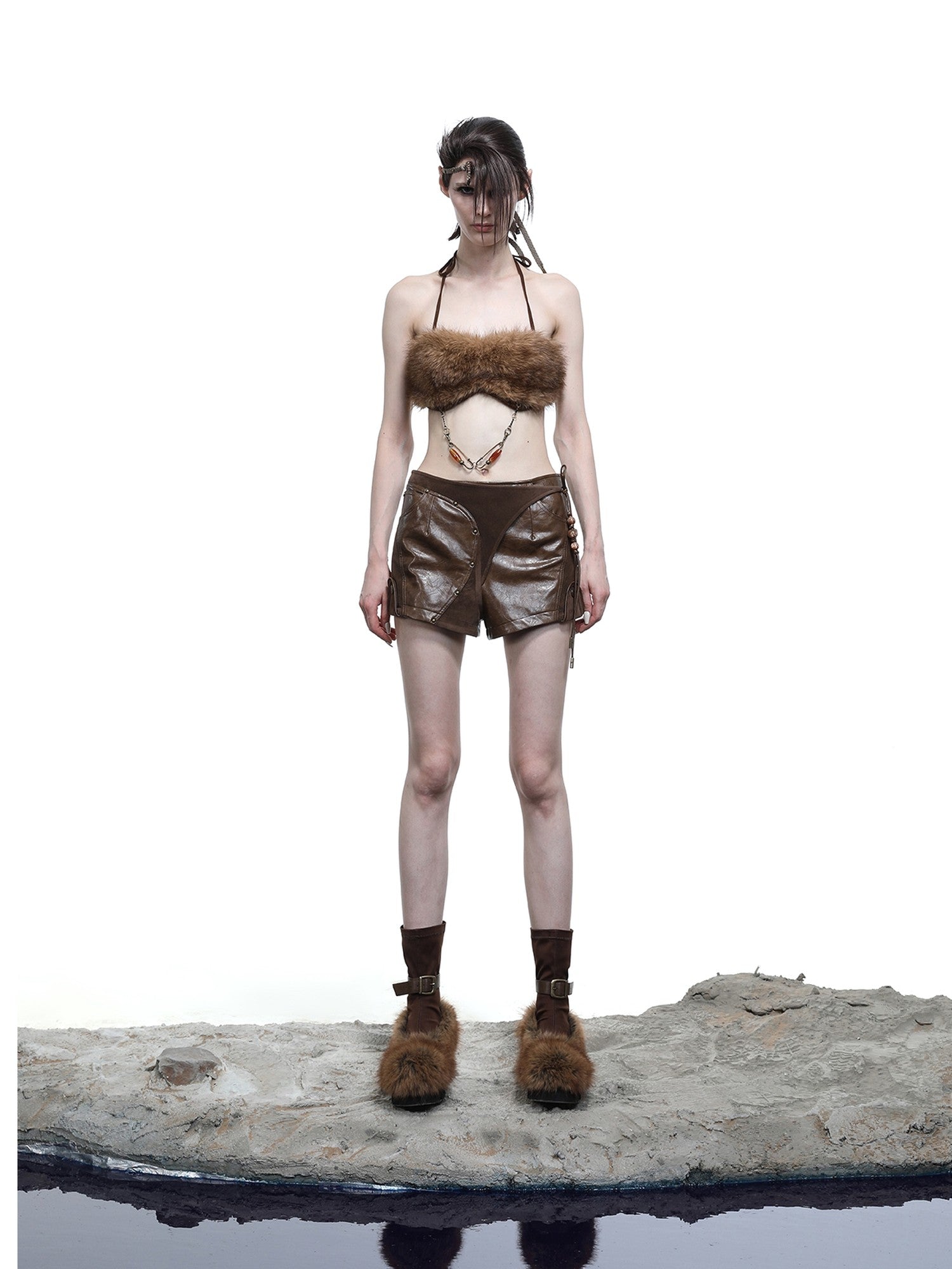 NORTH NODE Fuzzy Chain Beaded Patchwork V-neck Women&