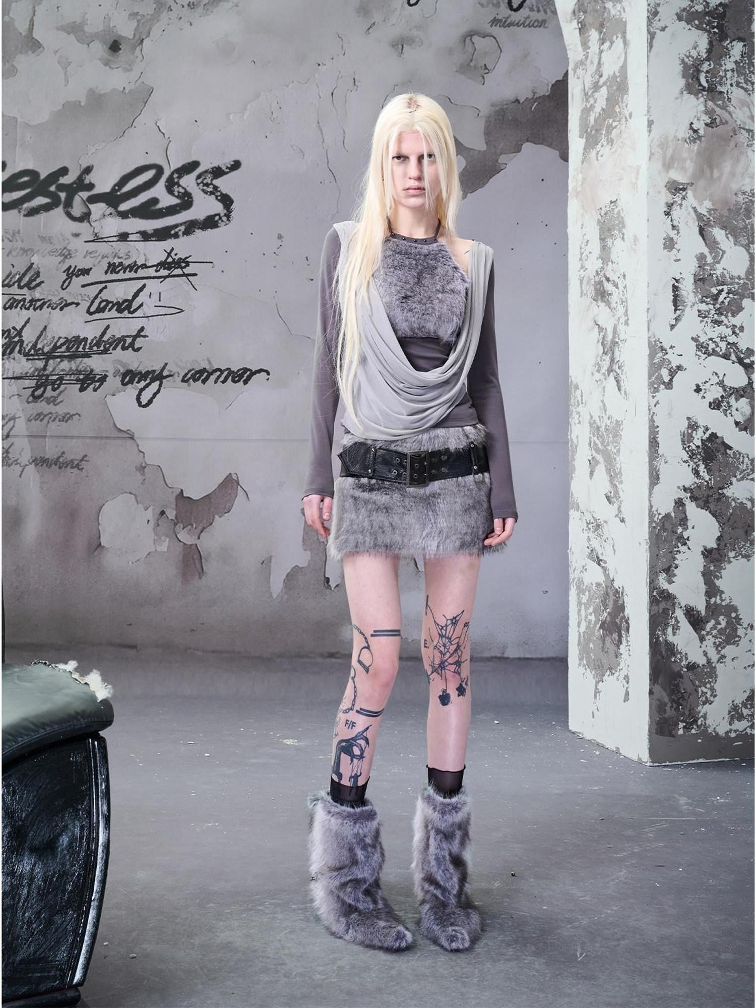 NORTH NODE Fuzzy Side Zipper Mid Waist Bodycon Women&