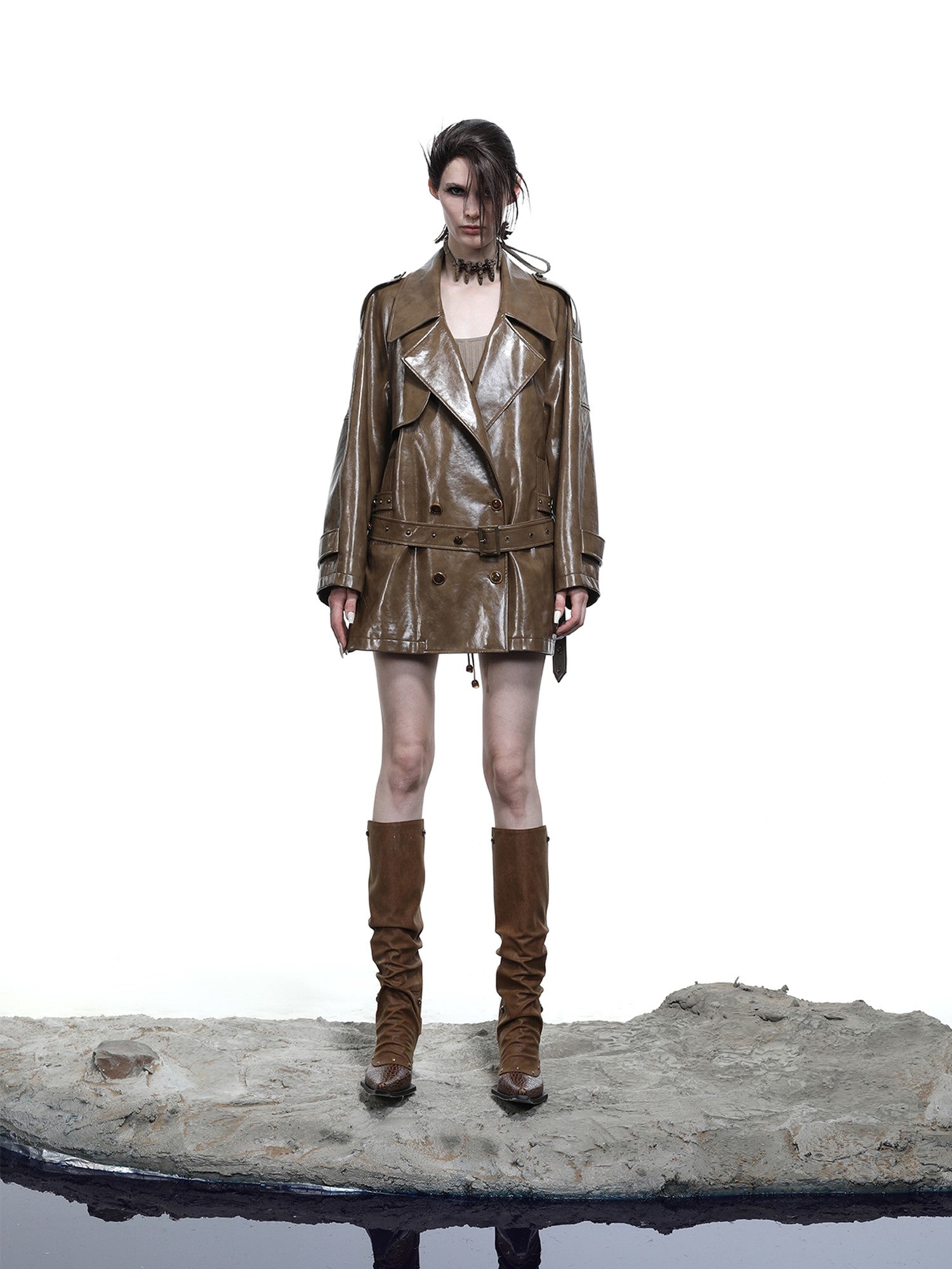 NORTH NODE Glossy Mirror Fold Belted Mid Length Women&