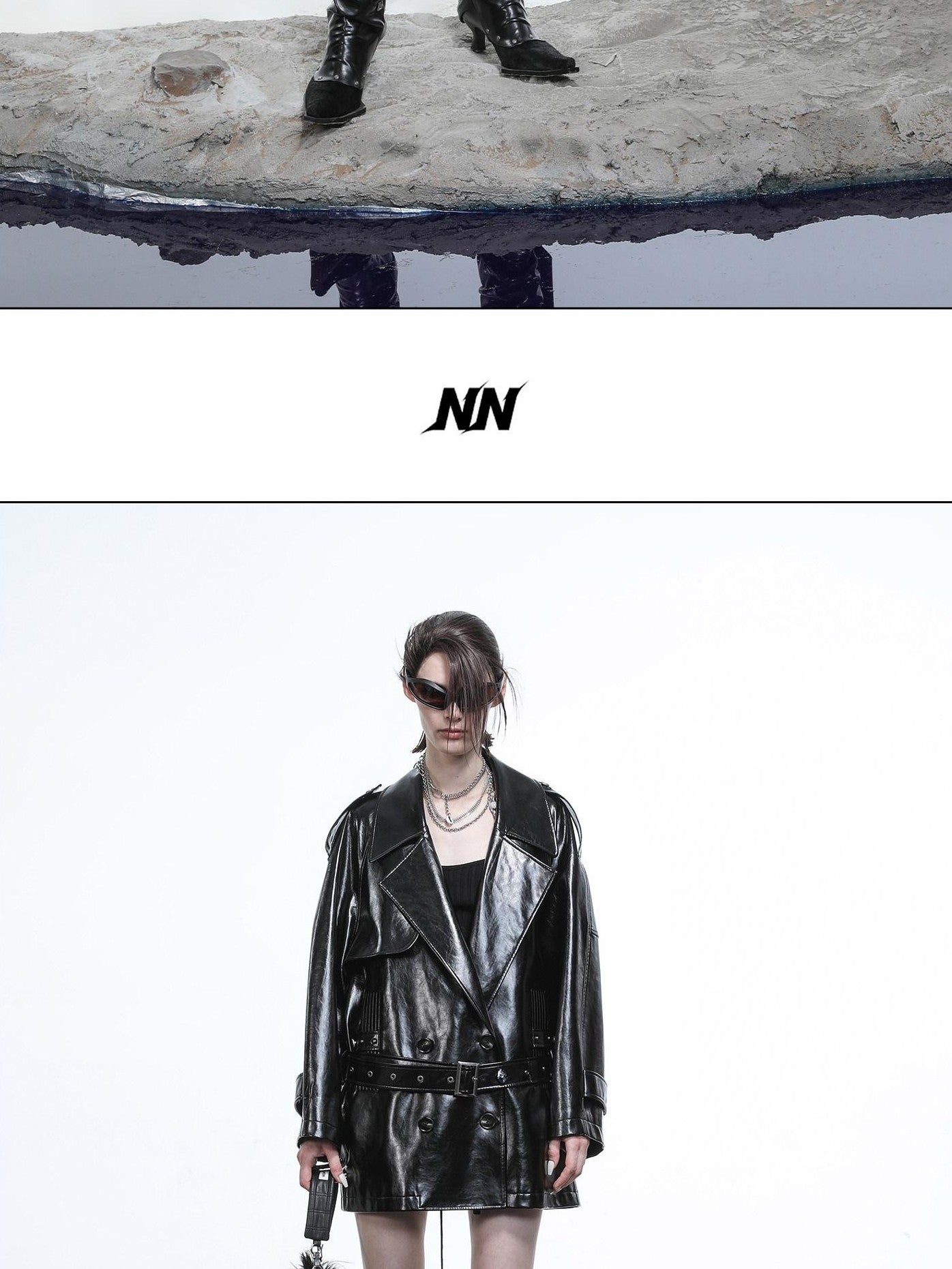 NORTH NODE Glossy Mirror Fold Belted Mid Length Women&